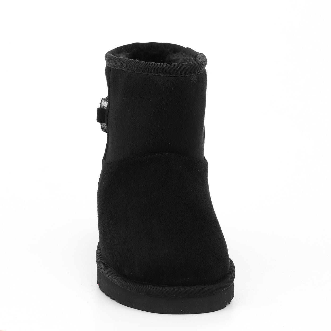Bottine fourrée Dolce noire de face, petite attache métal en haut du quartier