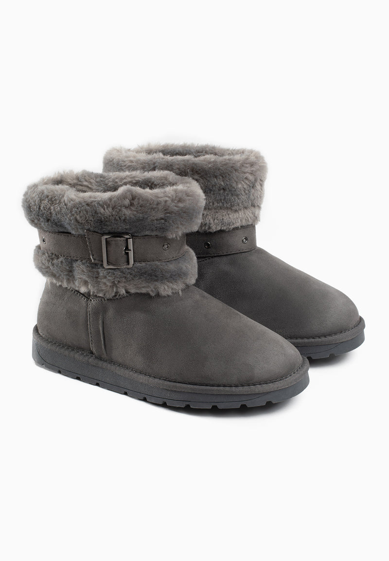 Paire de bottines fourrées Lais anthracite de trois-quarts, cols de fausse fourrure repliés