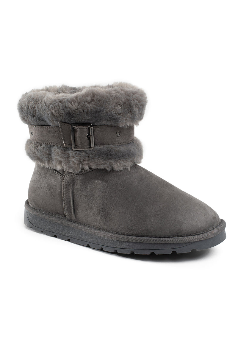 Bottine fourrée Lais anthracite de trois-quarts, boucle carrée noire sur la bride cloutée