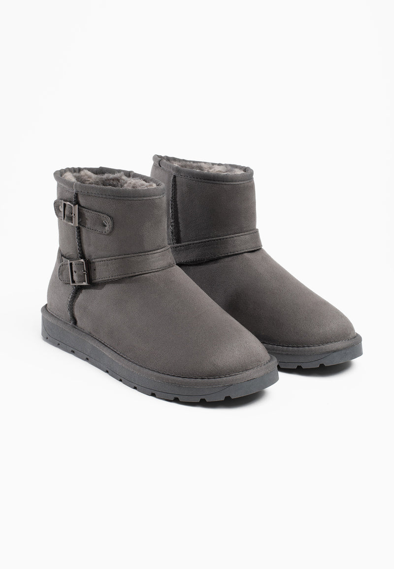 Les deux bottines fourrées Olwen anthracite de trois-quarts face, boucle carrée mate