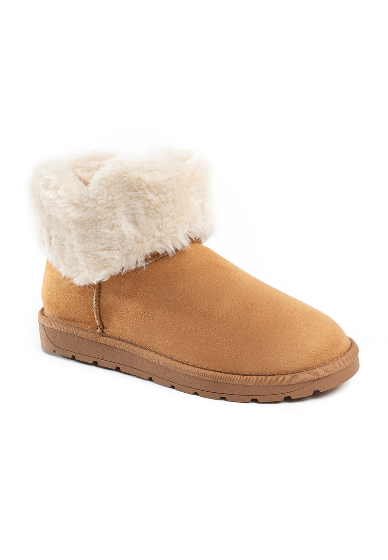 Bottine fourrée Olivia camel de trois-quarts, revers de fausse fourrure crème replié
