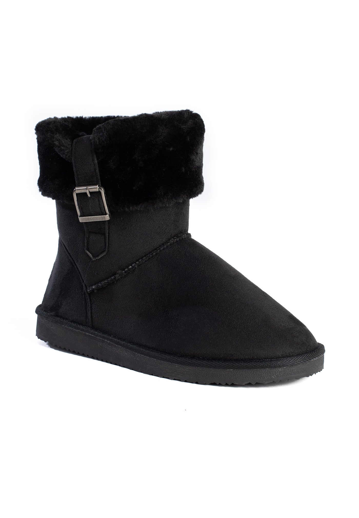 Bottine fourrée Afton noire de profil, revers de fausse fourrure noire et boucle