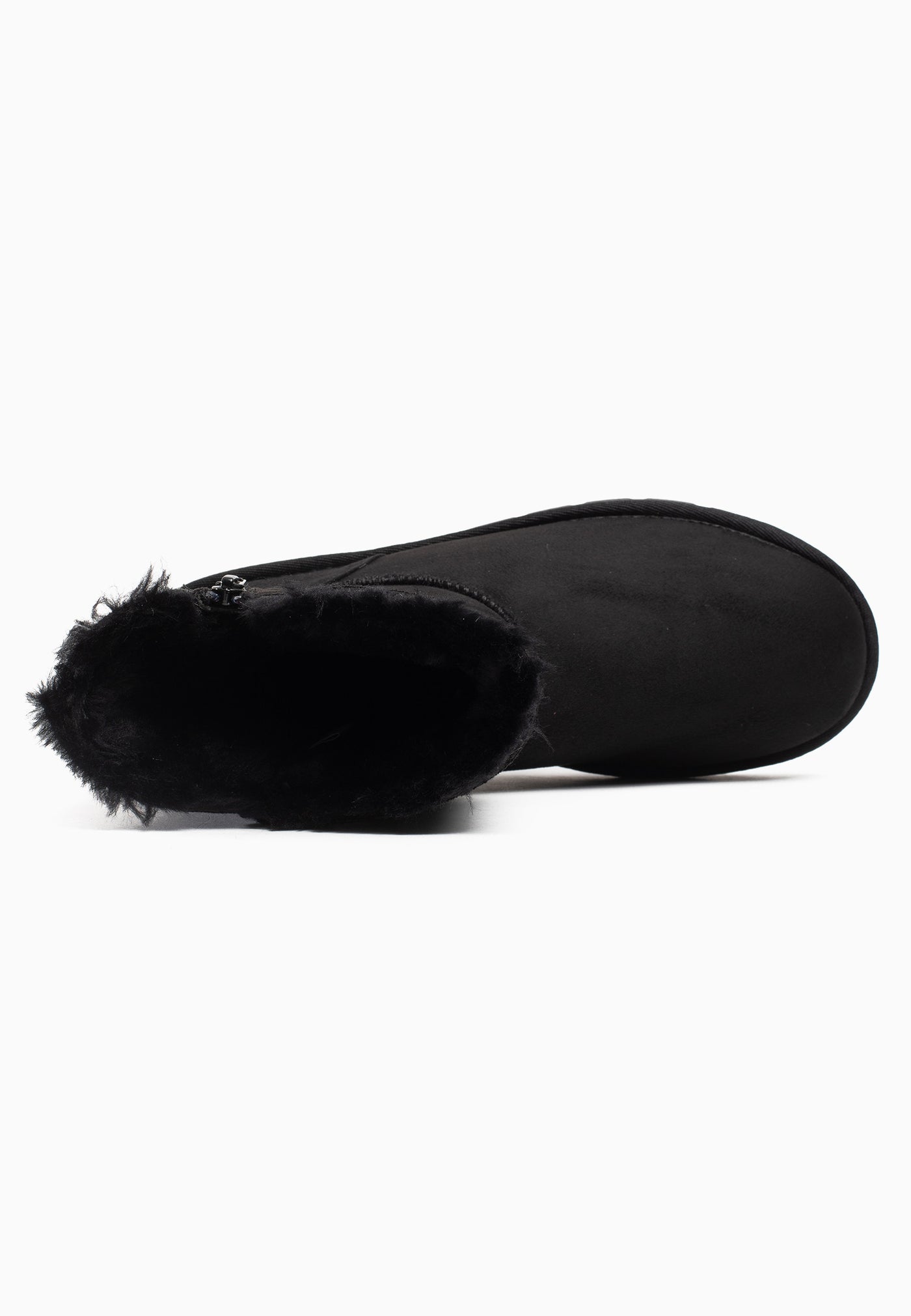 Bottine fourrée Abuela noire couchée, vue de dessus sur la fausse fourrure noire