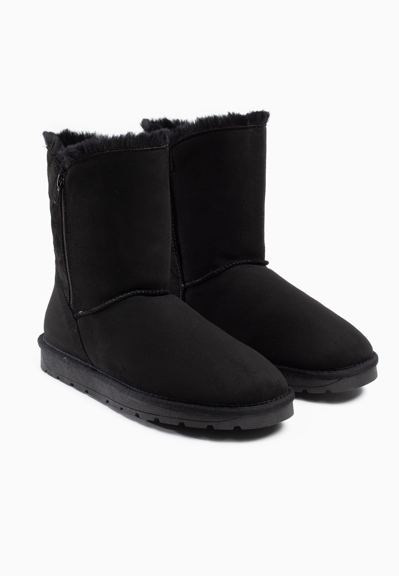 Paire de bottines fourrées Abuela noires côte à côte, semelles crantées de profil