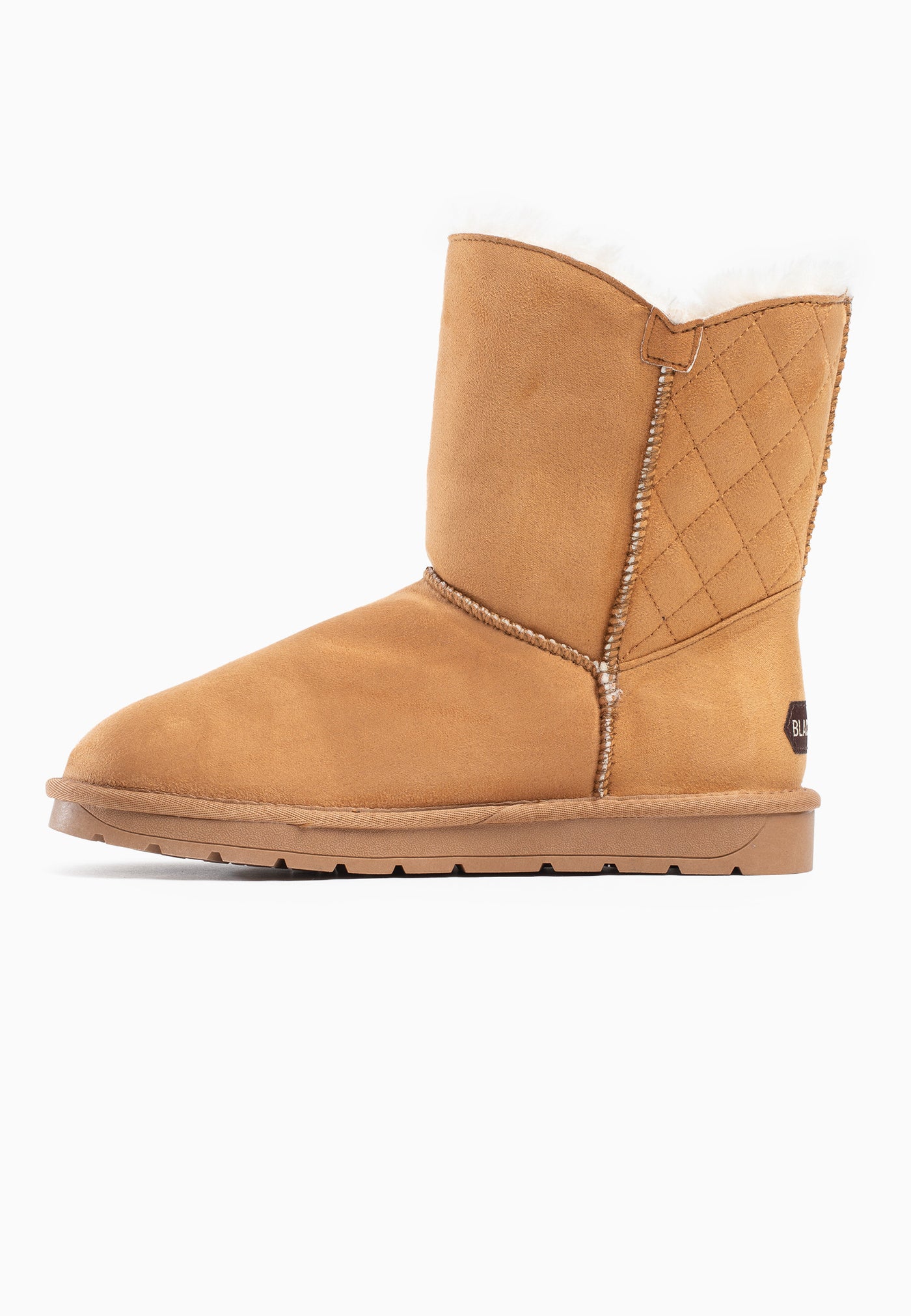Bottine fourrée Abuela camel de trois-quarts arrière, losanges et zip apparents