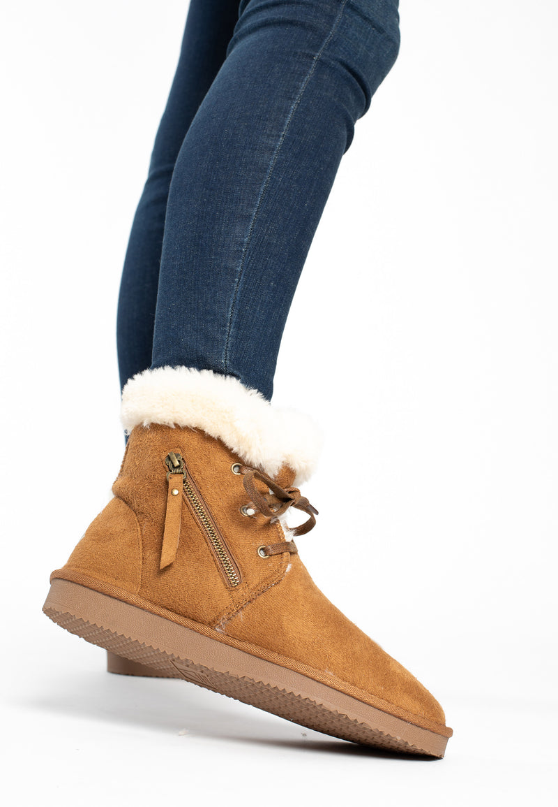 Bottines fourrées Celia camel portées sous un jean brut, col de fausse fourrure crème