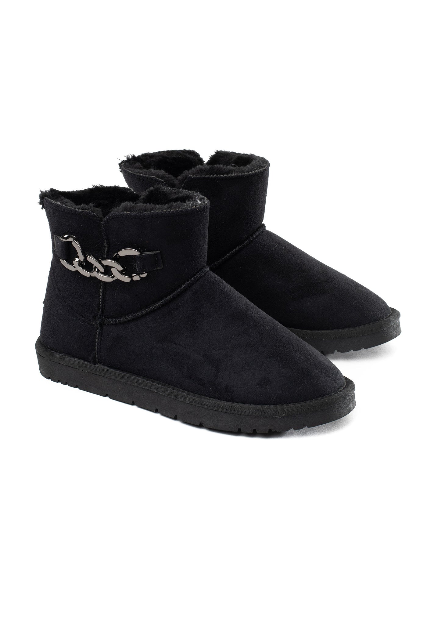 Paire de bottines fourrées Janika noires de trois-quarts, chaînes à maillons sur les tiges