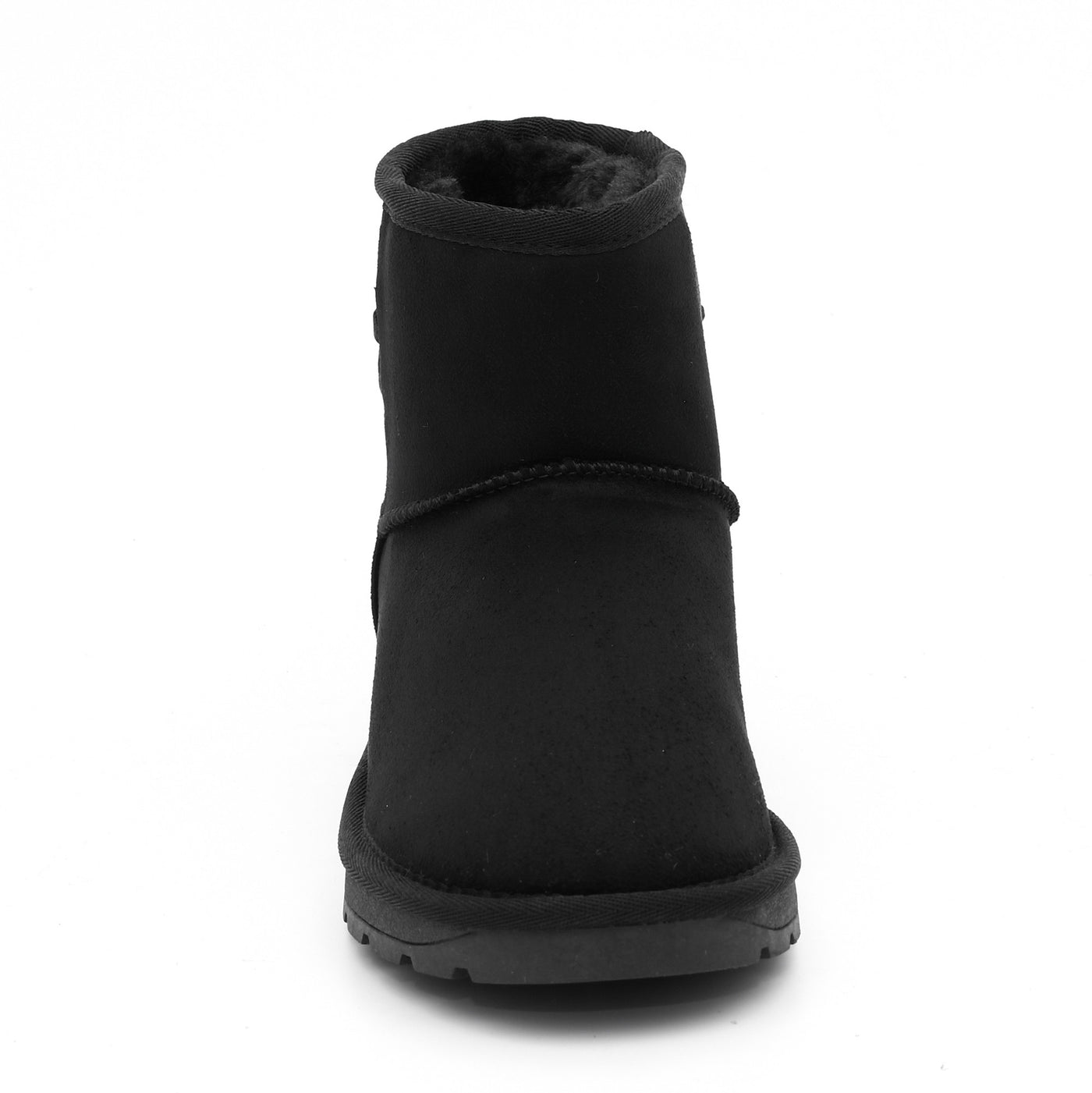 Bottine fourrée Ellaria noire vue de dos, col noir dense posé au-dessus de la tige mate
