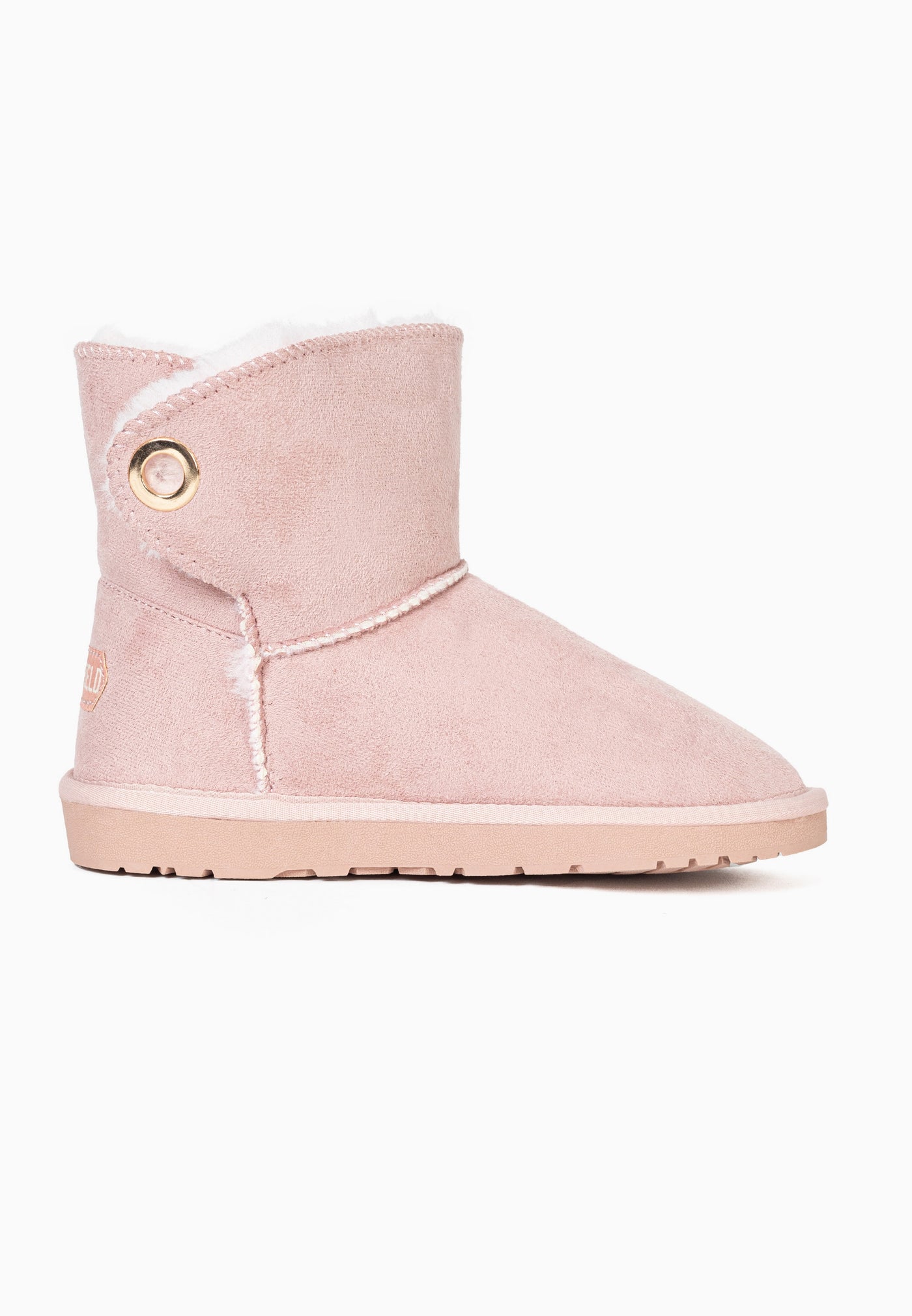 Bottine fourrée Ridley rose de profil, étiquette Blackfield rose cousue au talon
