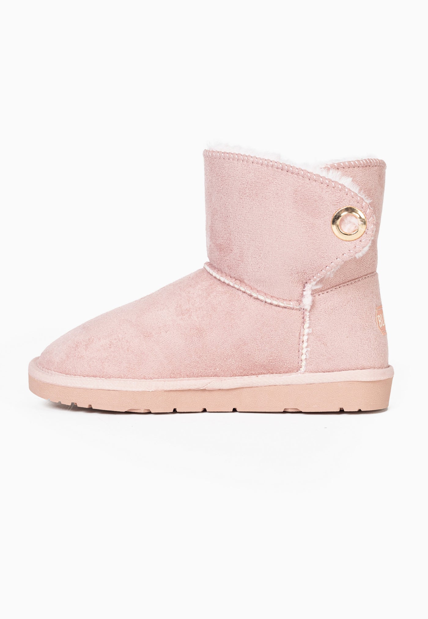 Bottine fourrée Ridley rose profil extérieur, œillet cerclé d'or et couture centrale