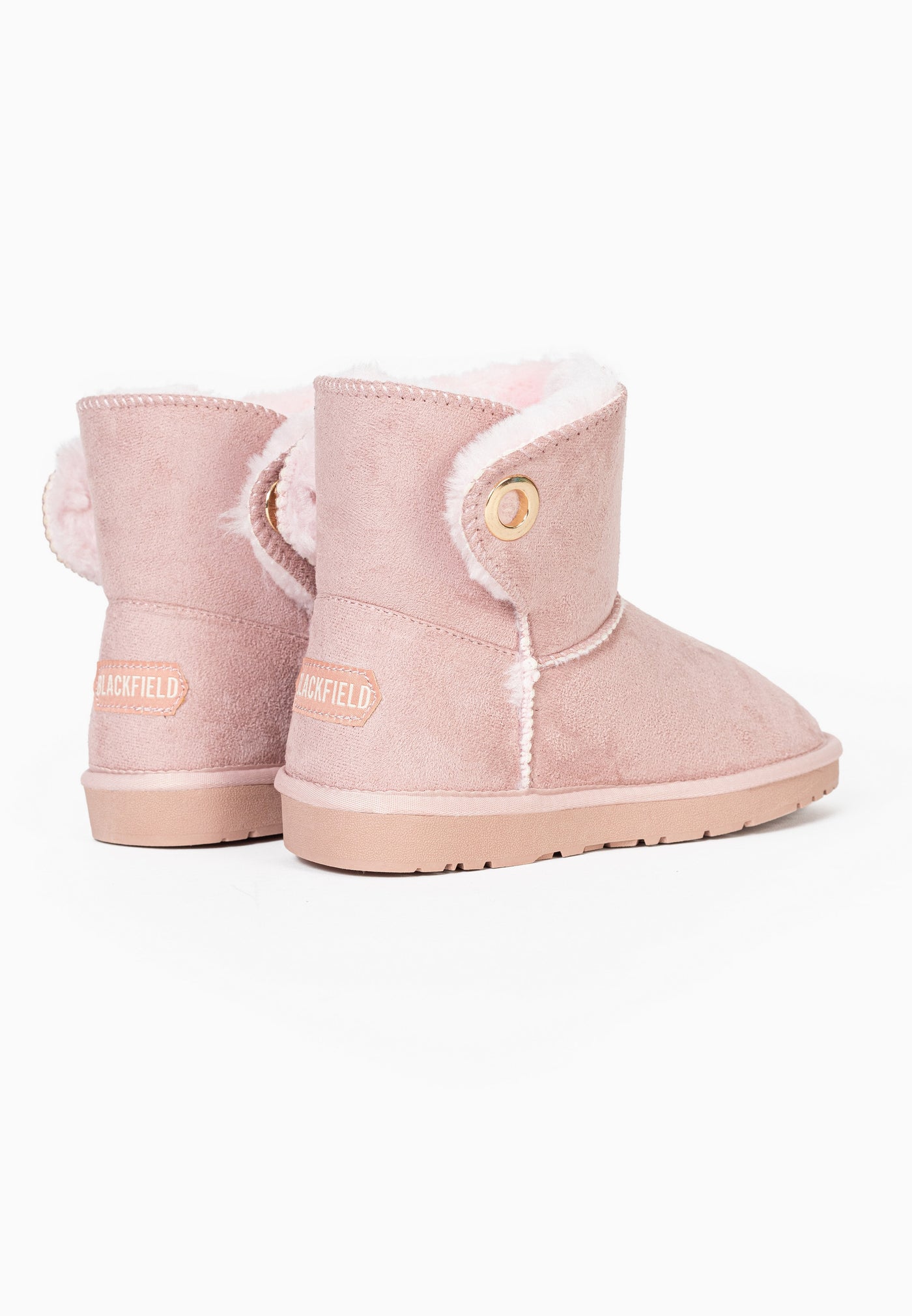 Bottines fourrées Ridley rose vues de dos, deux étiquettes claires posées aux talons