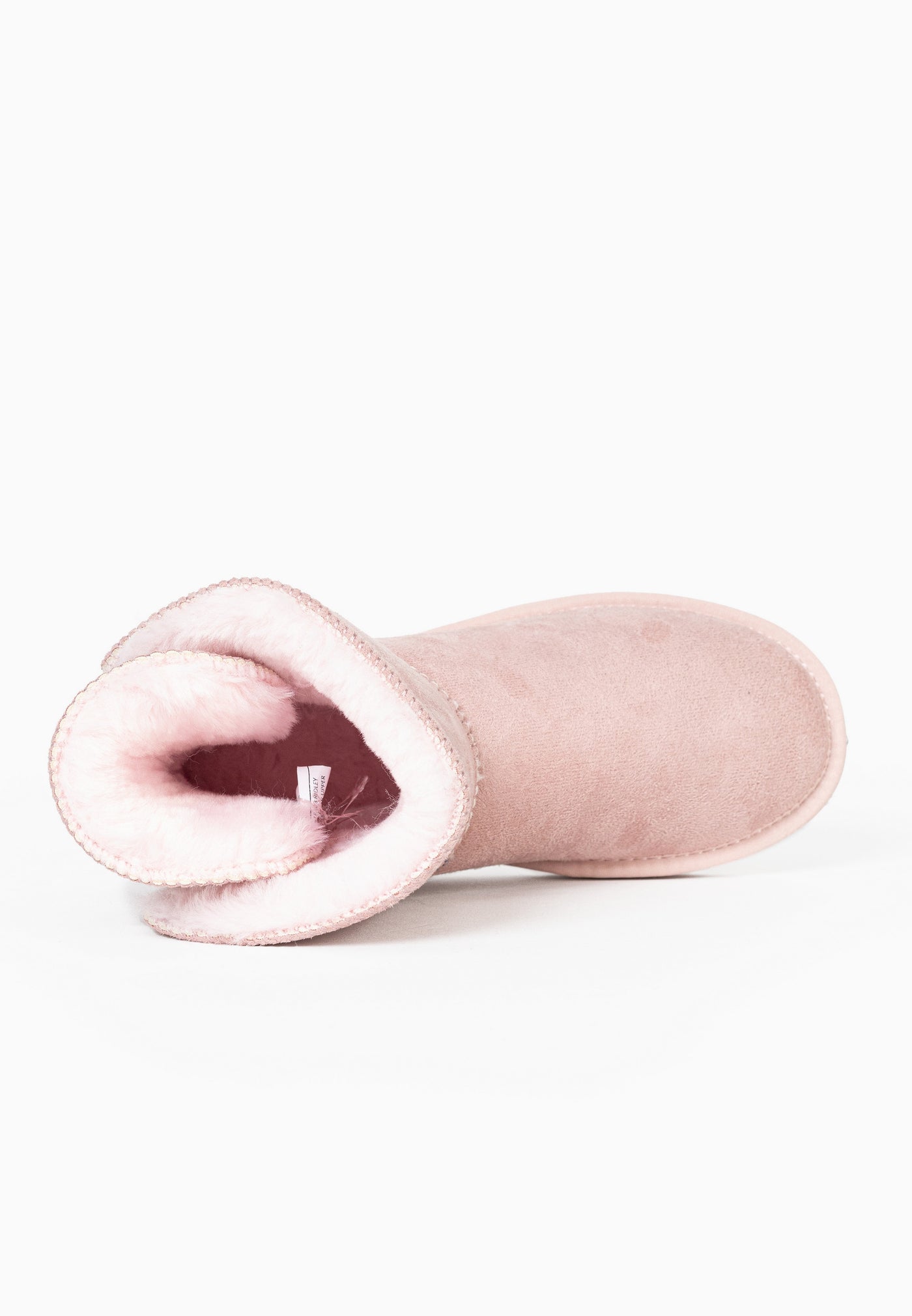 Bottine fourrée Ridley rose couchée de dessus, intérieur garni de fausse fourrure