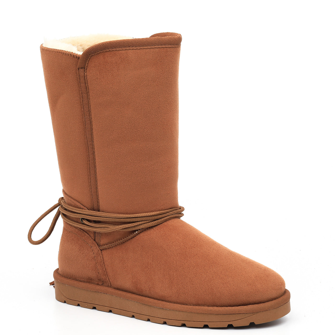 Botte fourrée haute Eowin camel de trois-quarts, cordon enroulé autour de la tige