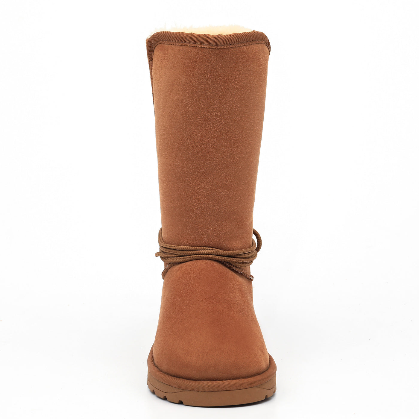 Botte fourrée haute Eowin camel vue de face, tige montante et cordon ceinturant