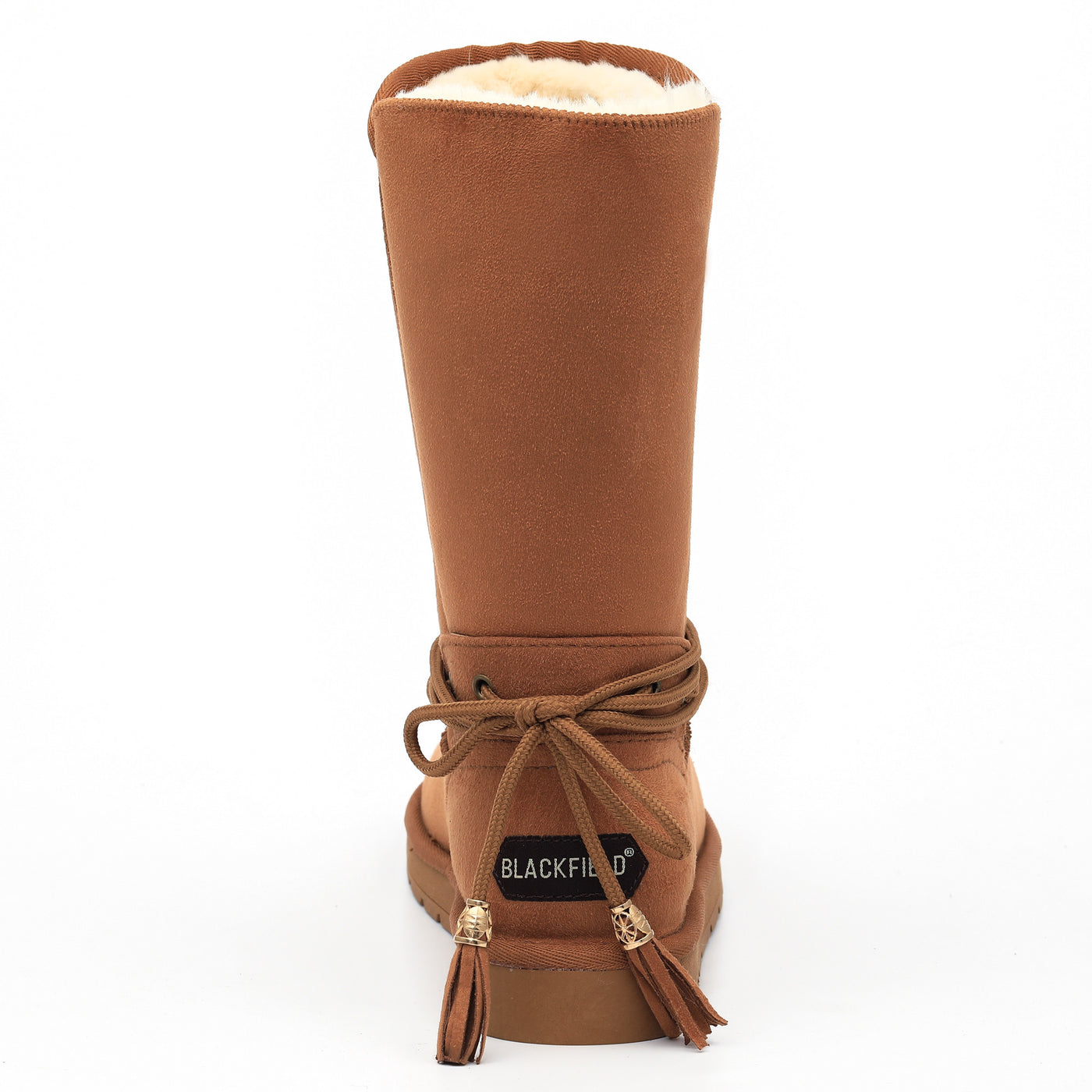 Botte fourrée Eowin camel vue de dos, nœud du cordon et étiquette Blackfield au talon