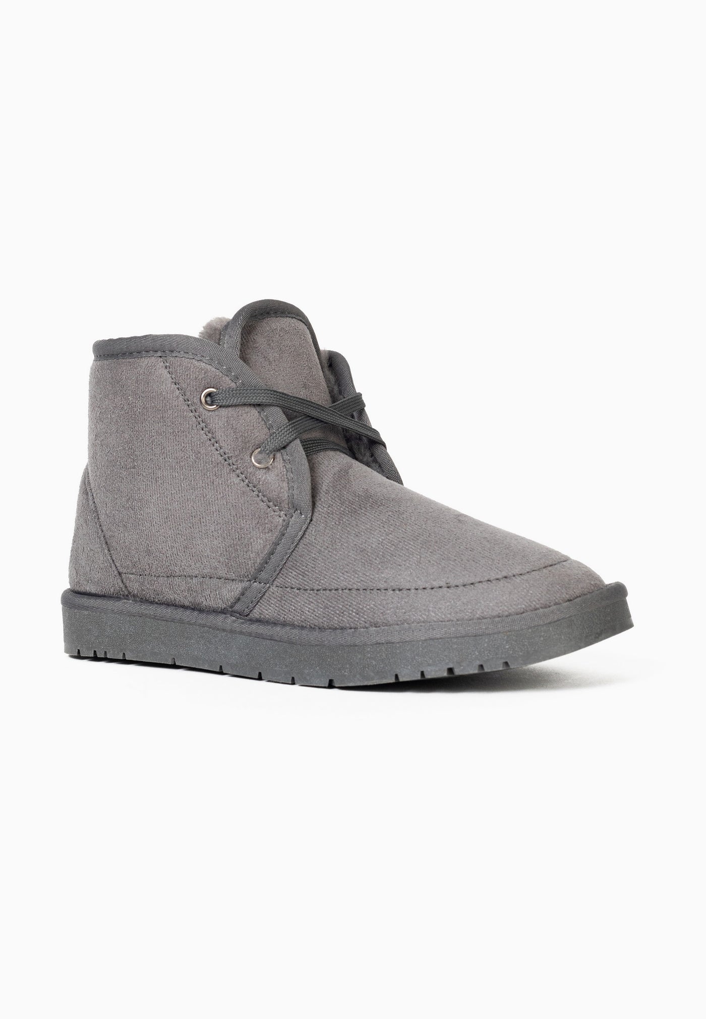 Bottine fourrée Chanel gris foncé de profil, tige montante droite de desert boot