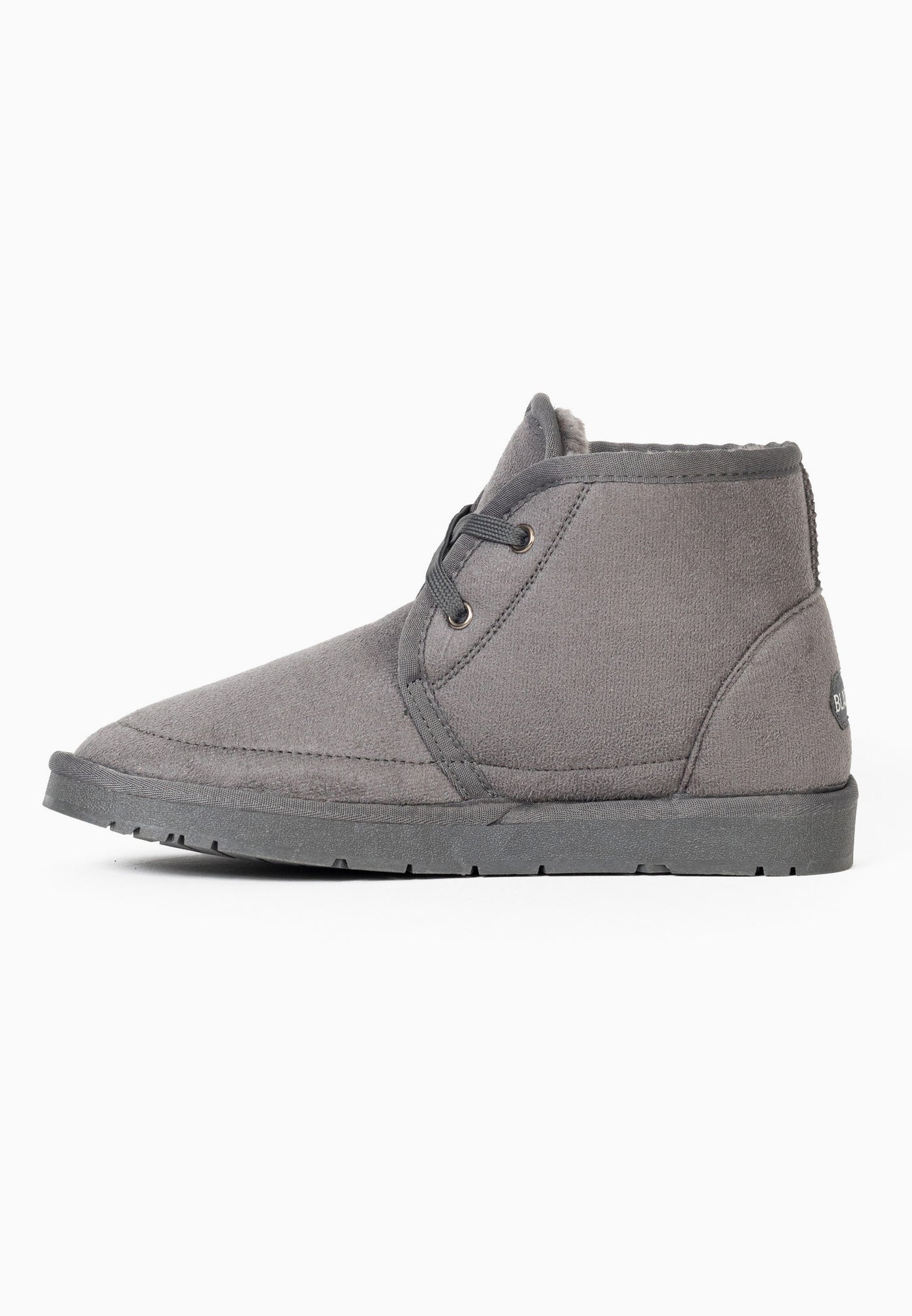 Bottine fourrée Chanel gris foncé de profil, semelle plate grise ton sur ton
