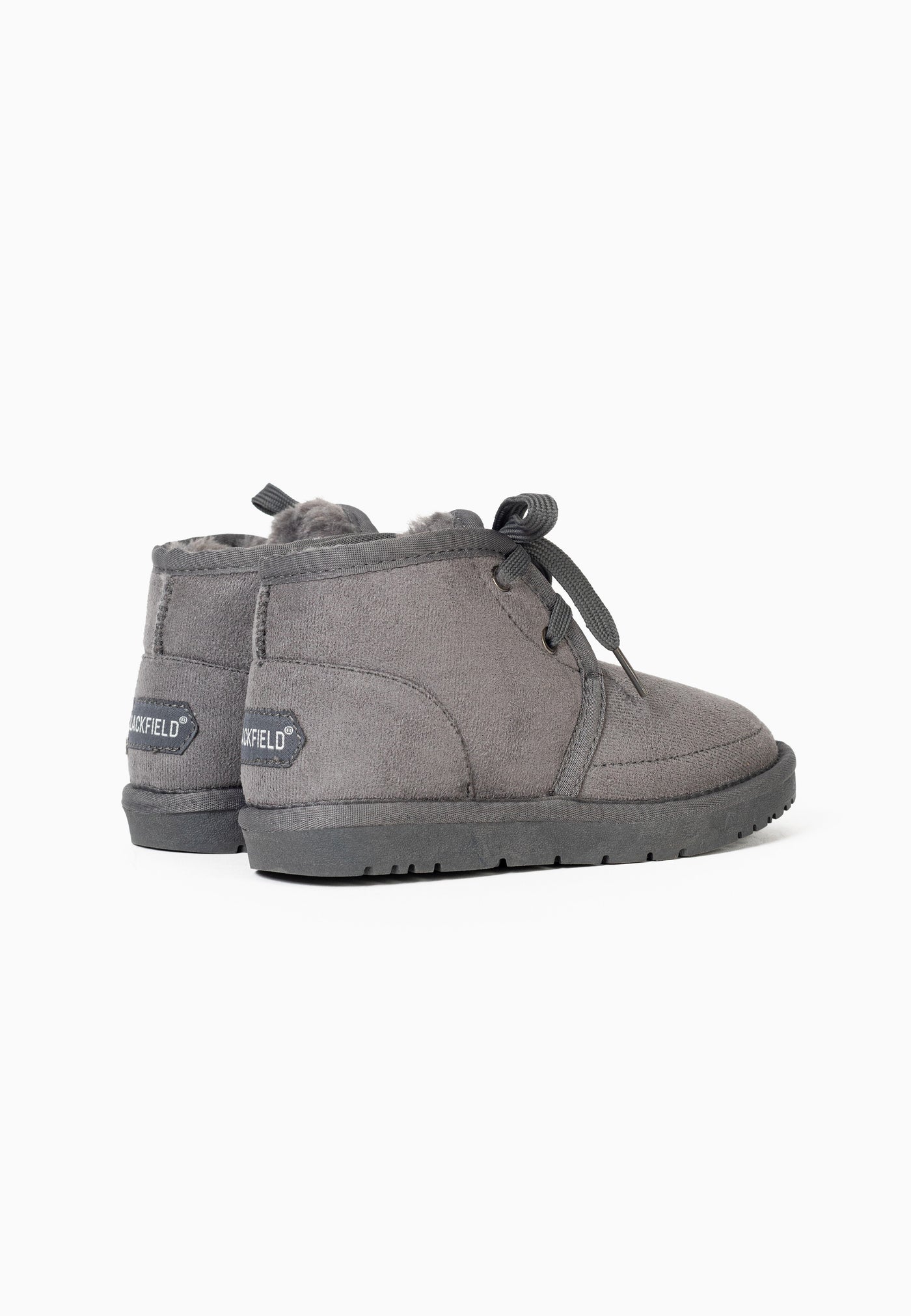 Paire de bottines fourrées Calvino anthracite vue de dos, étiquettes Blackfield aux talons