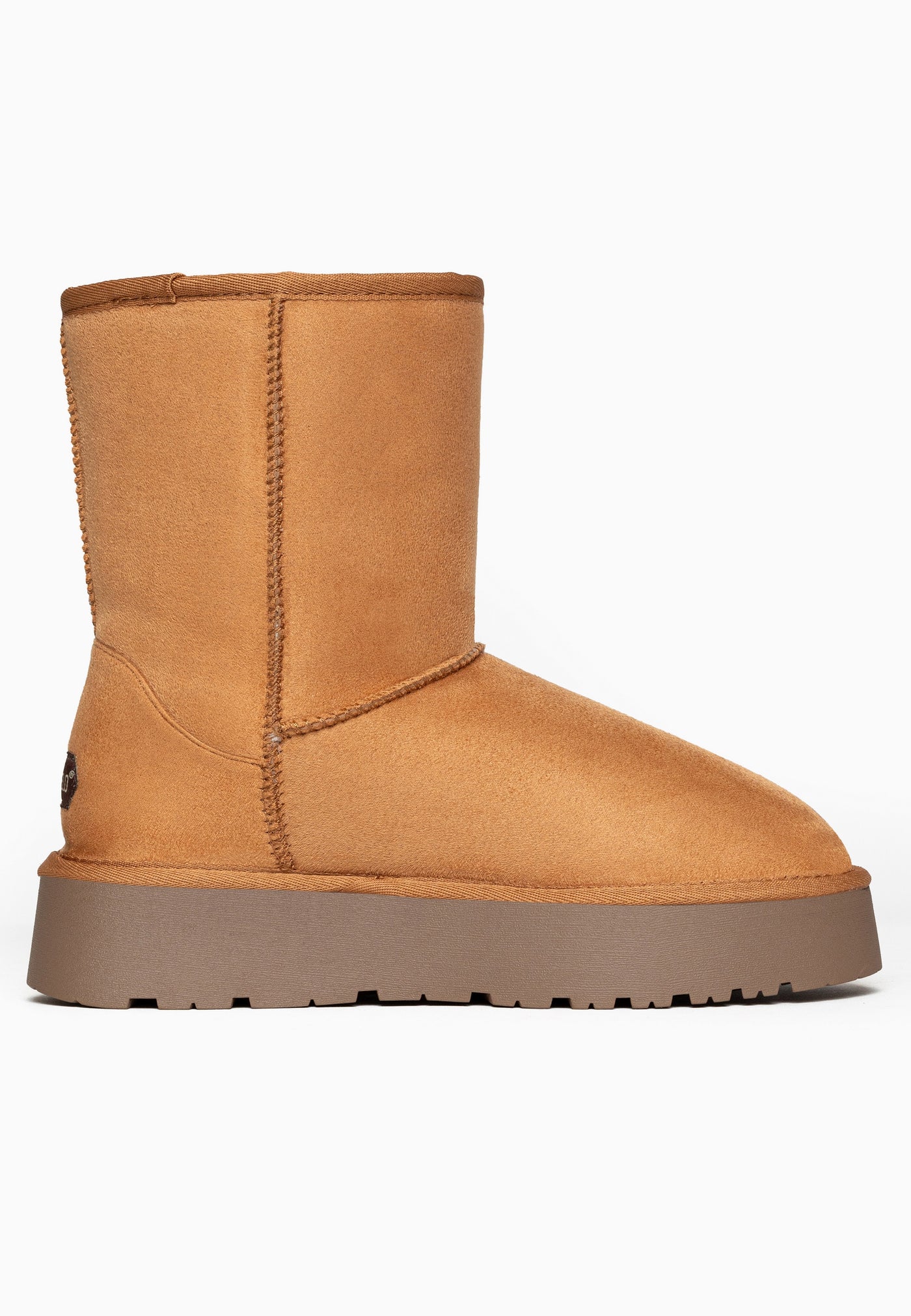 Bottine fourrée Joy camel de profil, plateforme taupe crantée et tige haute
