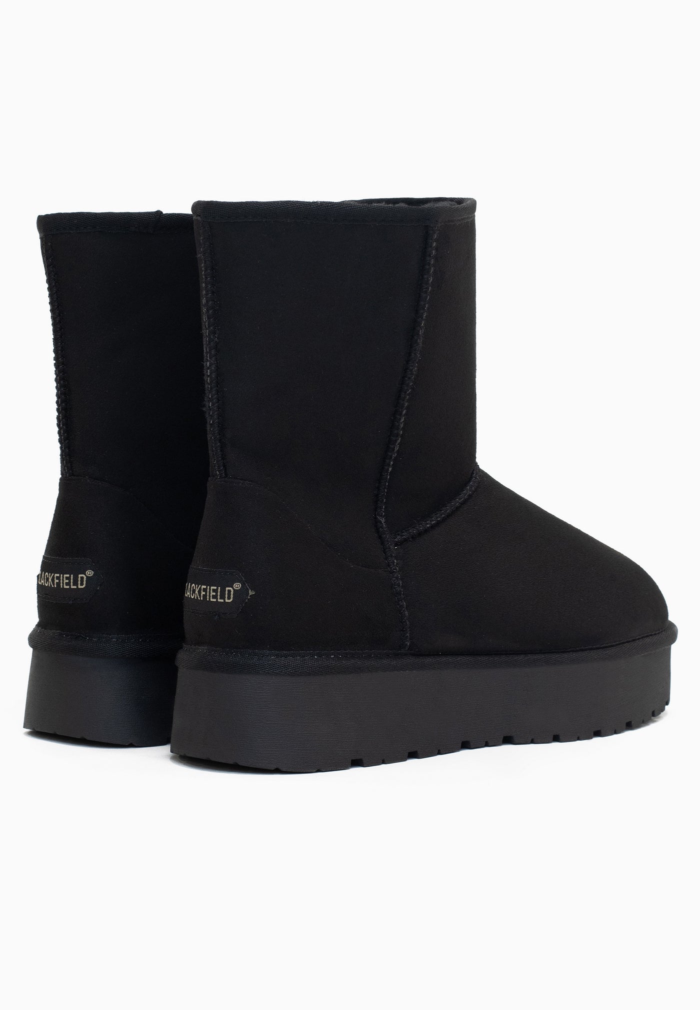Paire de bottines fourrées Joy noires de dos, marquages BLACKFIELD aux talons