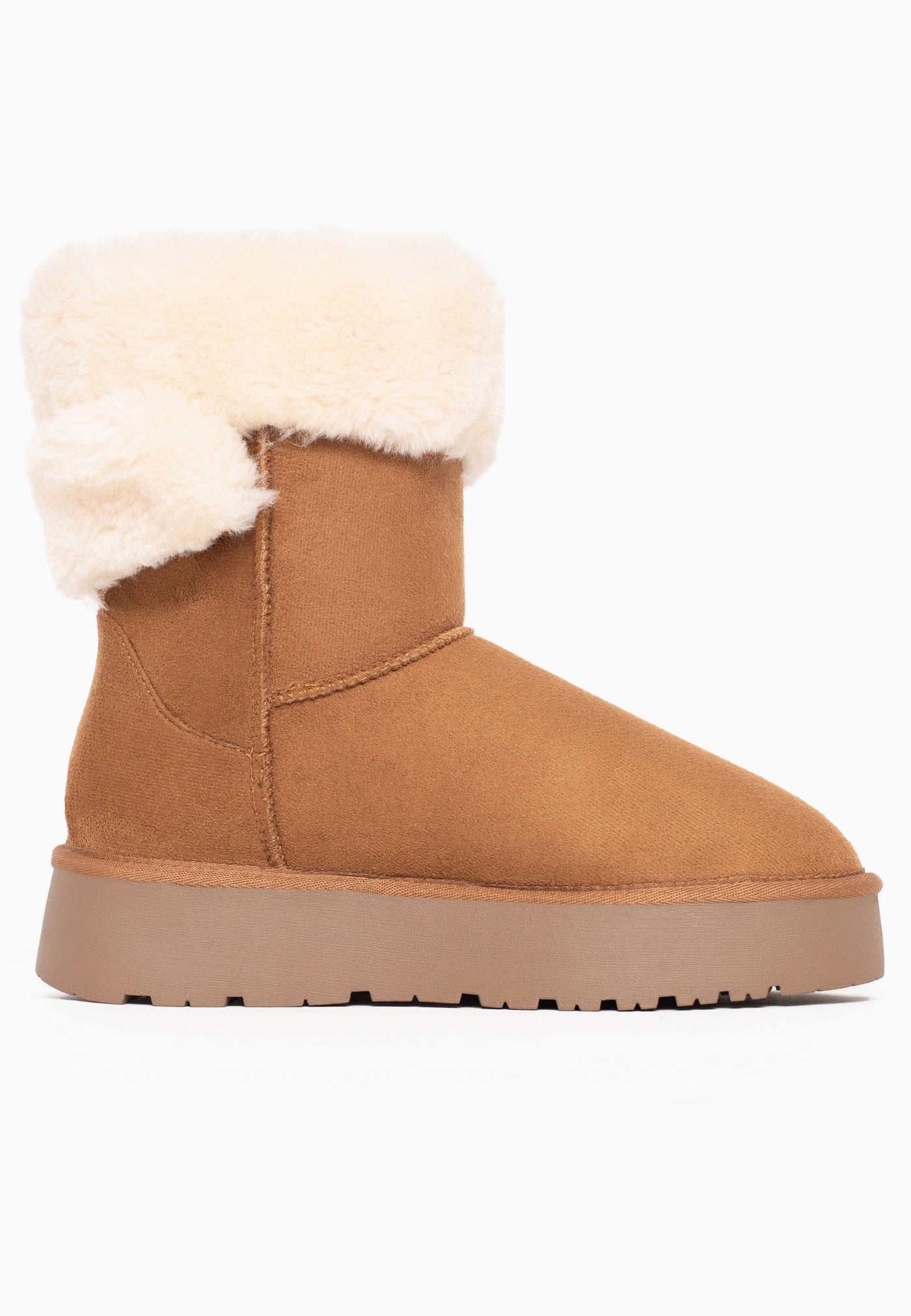 Bottine fourrée Barbara camel vue de l'autre côté, revers crème et plateforme taupe