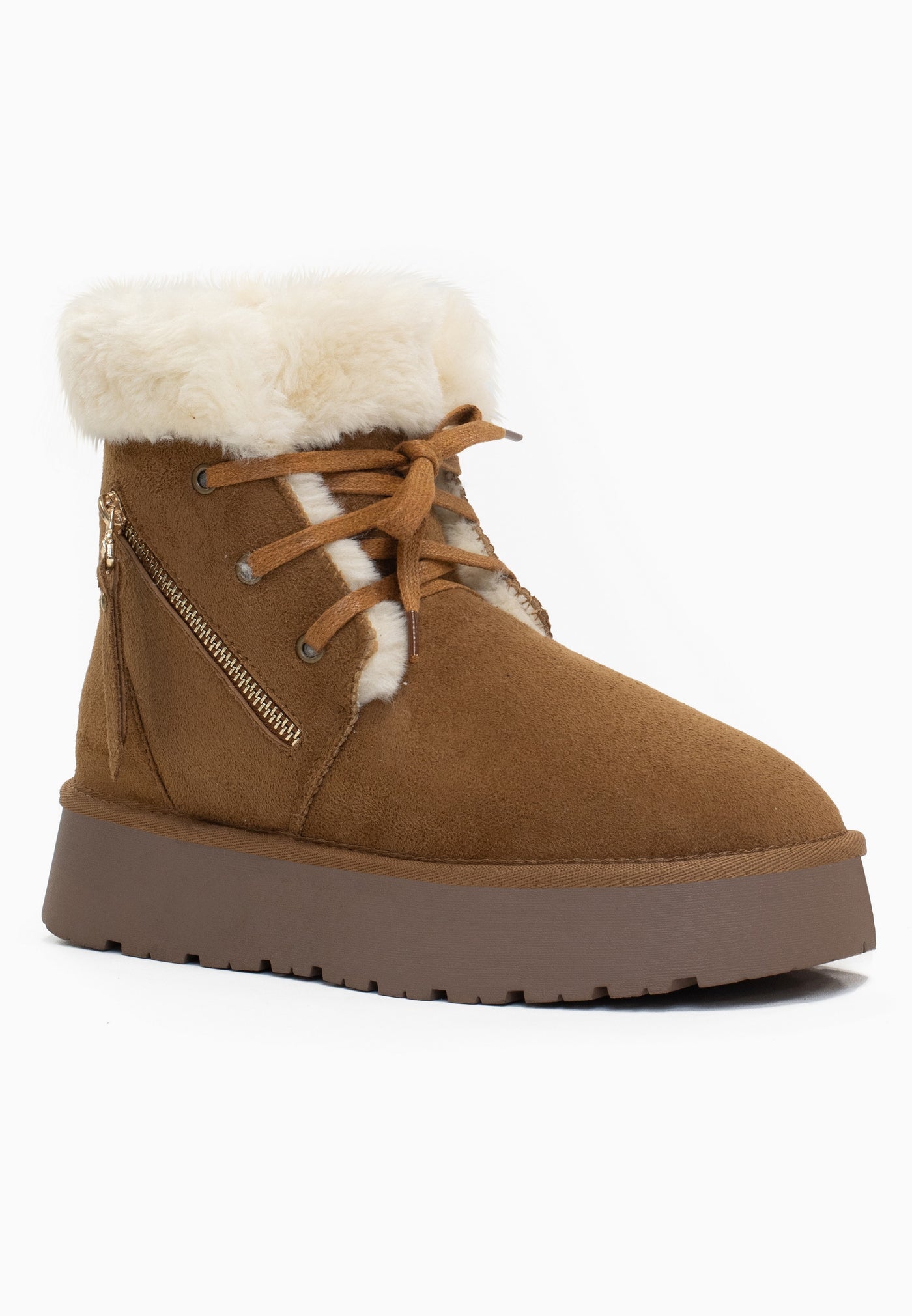 Bottine fourrée Celia camel de trois-quarts, zip doré en diagonale sur le côté