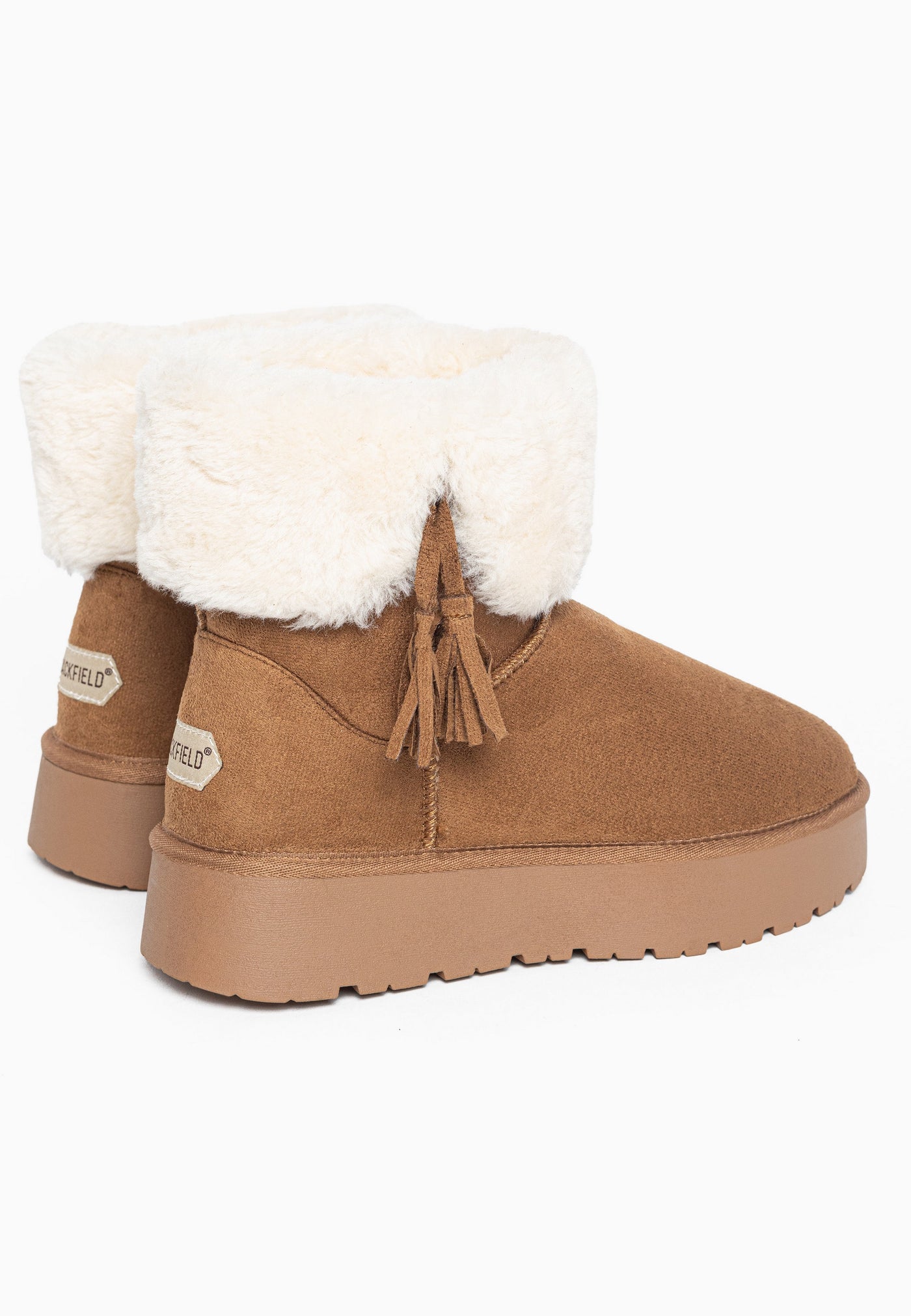 Paire de bottines fourrées Clary camel vues de dos, cols repliés et glands à franges