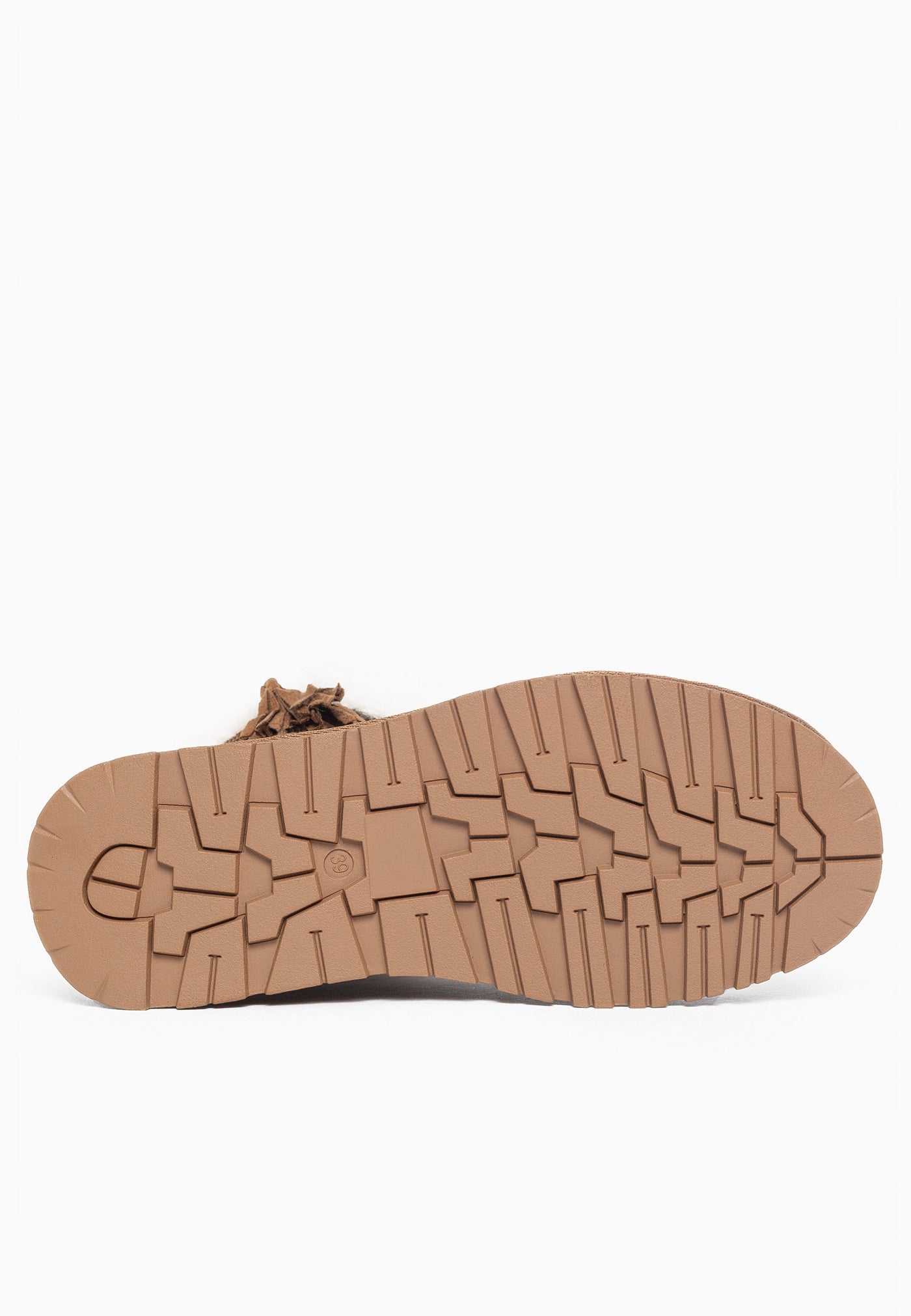 Semelle de la bottine fourrée Clary camel vue de dessous, dessin cranté et pastille logo