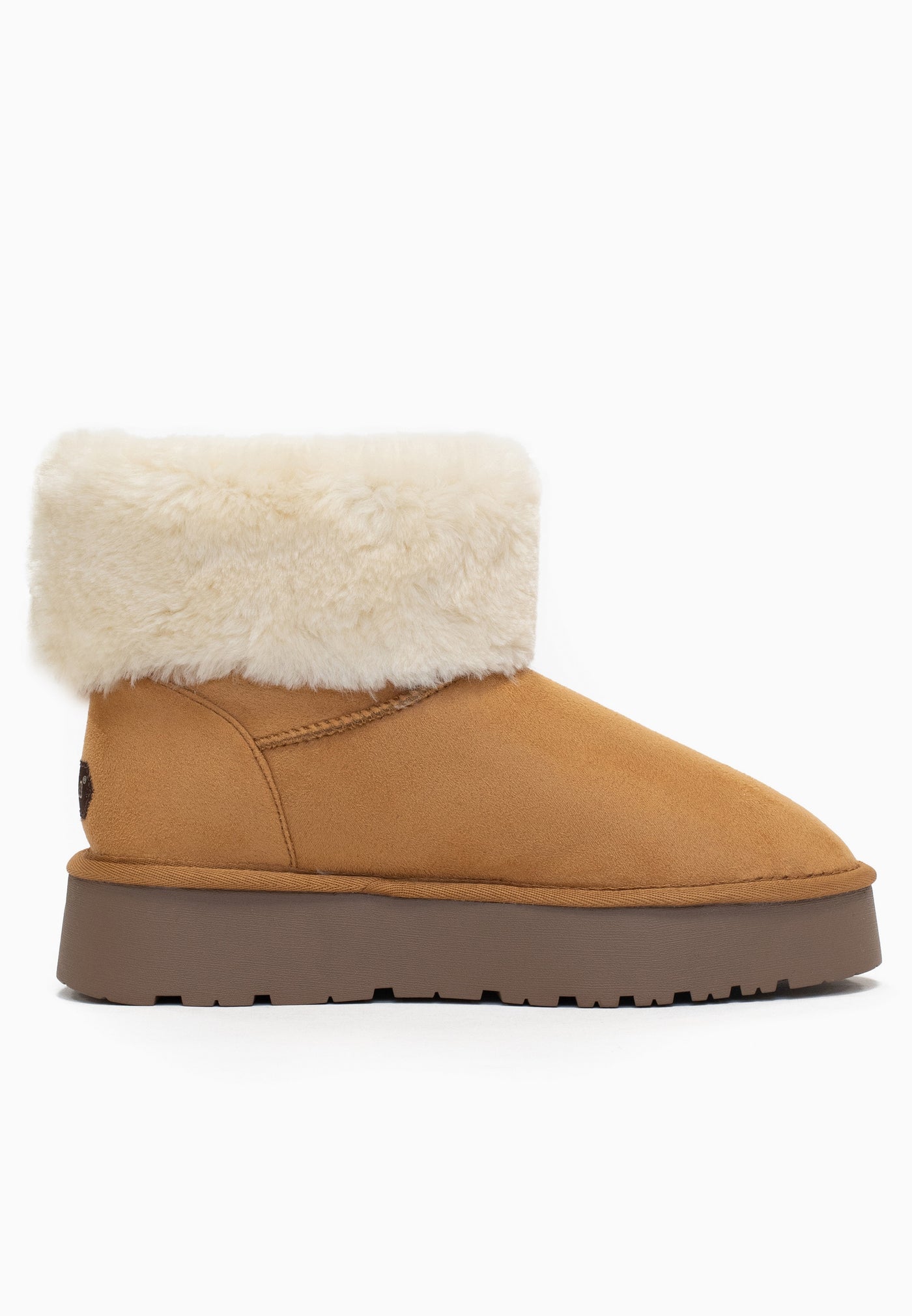 Bottine fourrée Afton camel de profil gauche, revers crème replié sur la tige