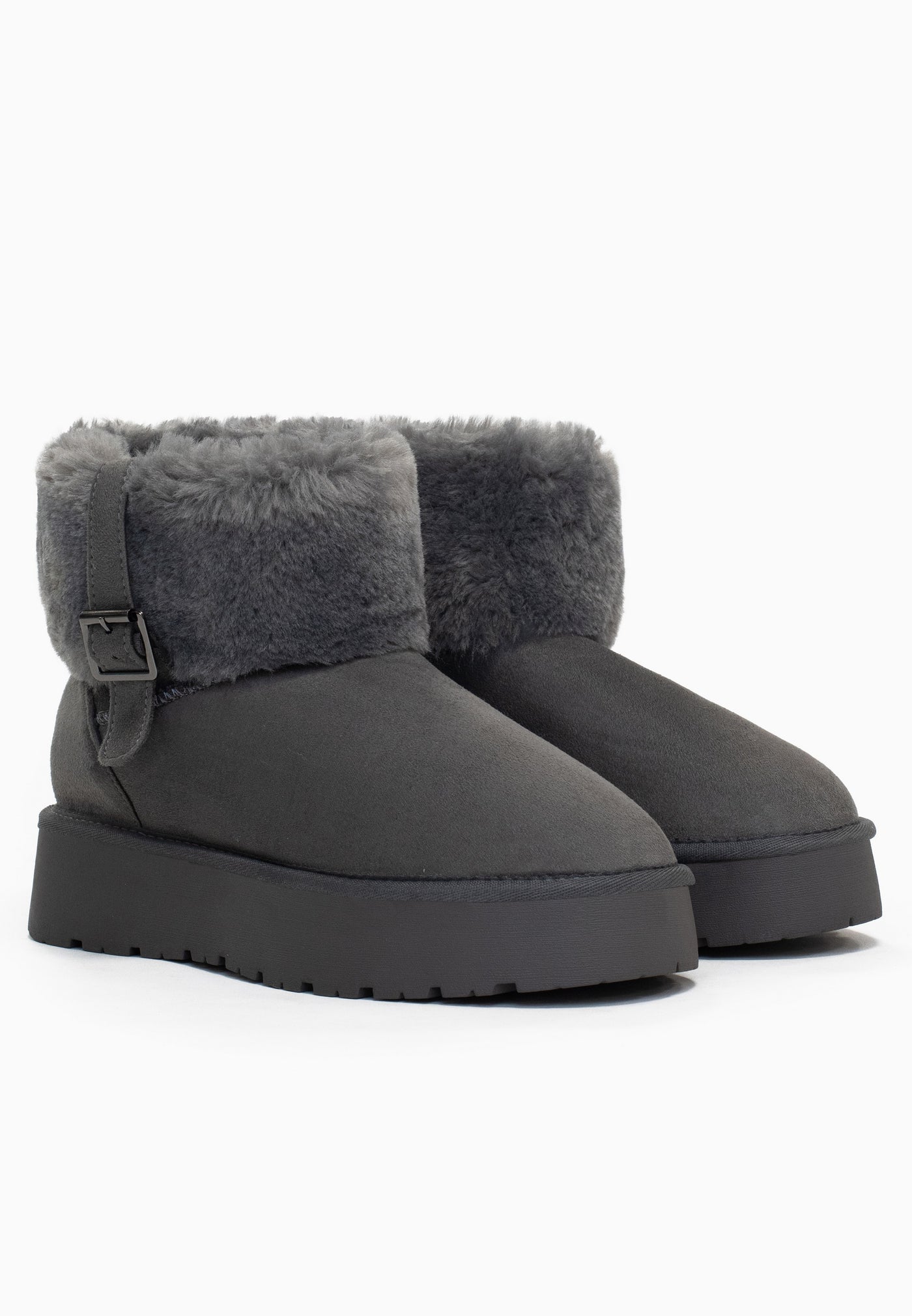 Les bottines fourrées Afton anthracite côte à côte, de trois-quarts, cols de fausse fourrure repliés