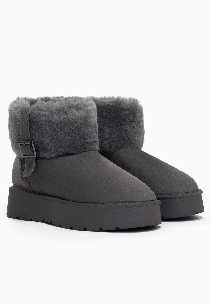 Les bottines fourrées Afton anthracite côte à côte, de trois-quarts, cols de fausse fourrure repliés