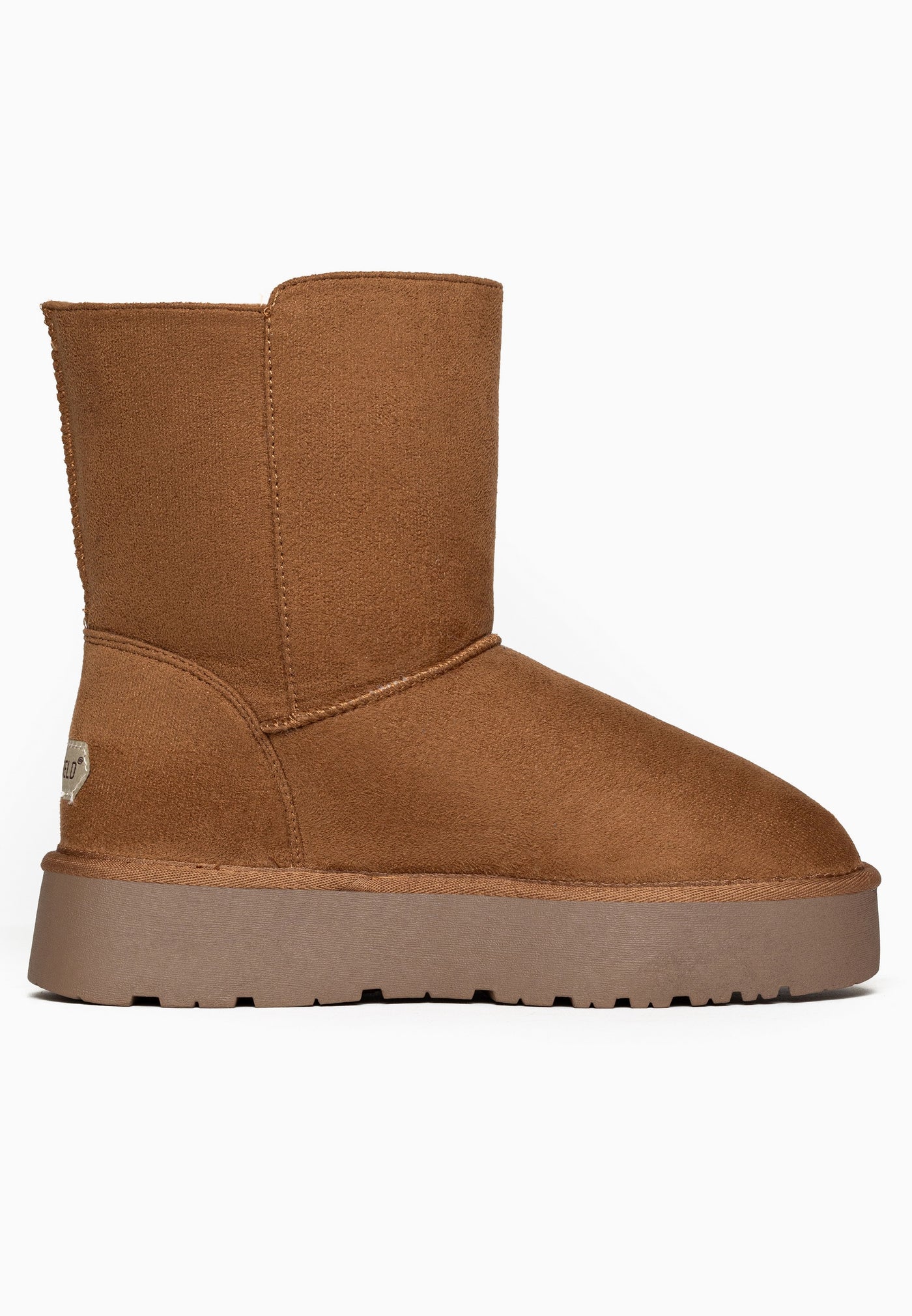 Bottine fourrée Opinaca camel de profil, tige haute et plateforme taupe crantée