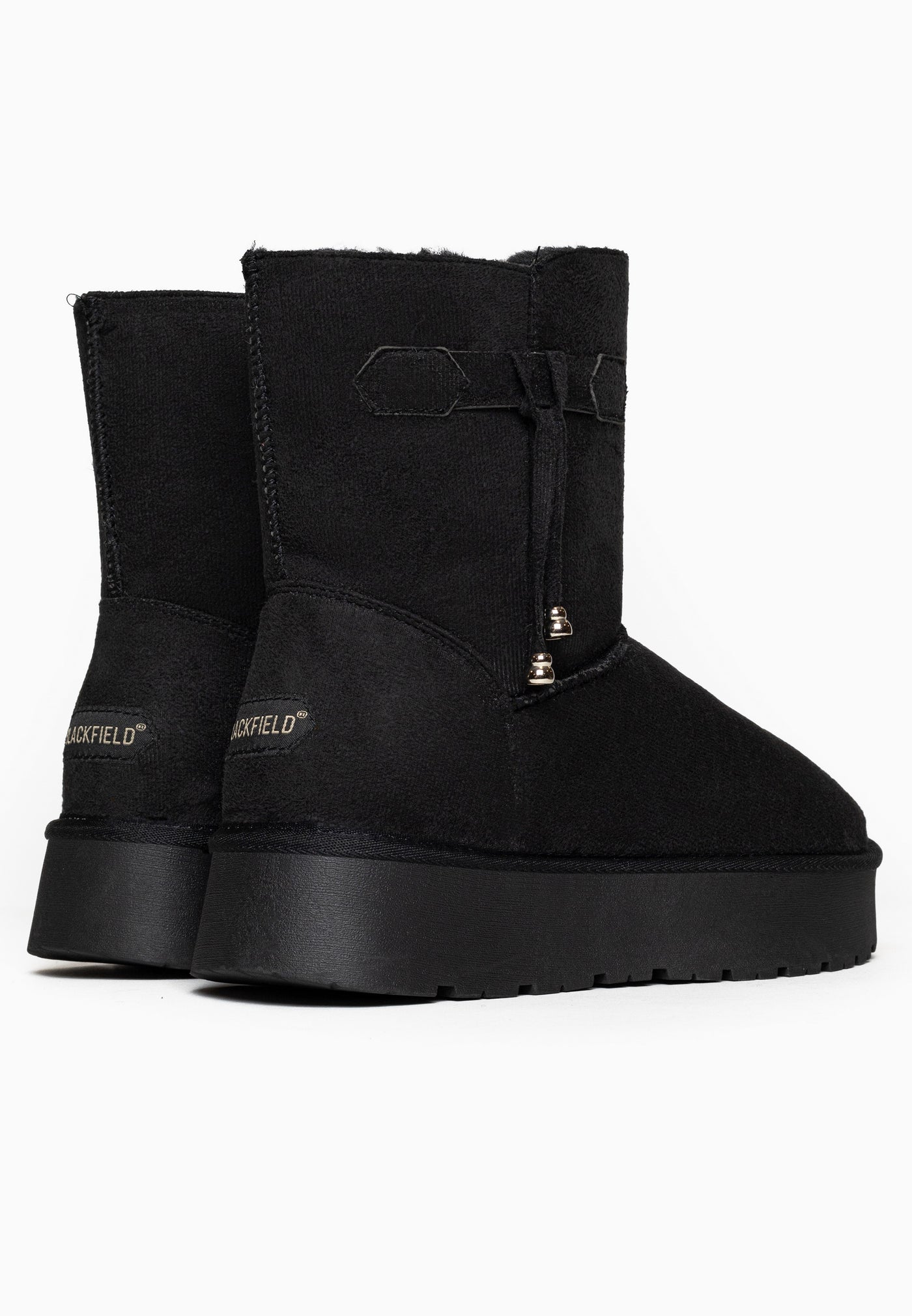 Bottines fourrées Opinaca noires de dos, marquage Blackfield doré sur chaque talon