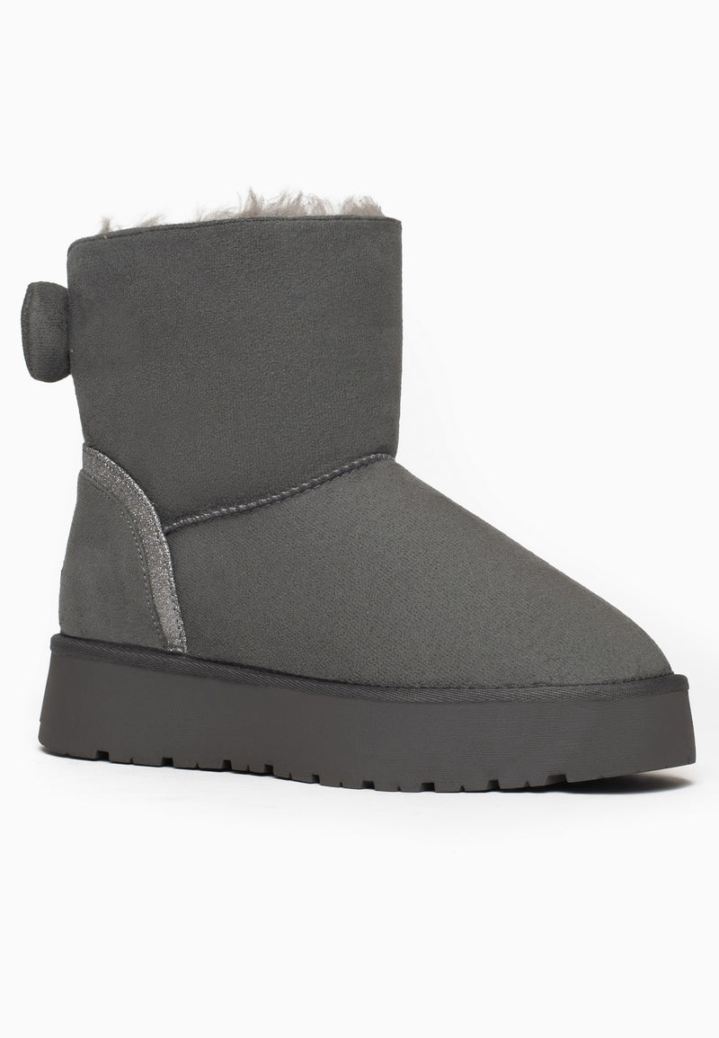 Bottine fourrée Champlain anthracite de trois-quarts face, noeud rond de microfibre au col