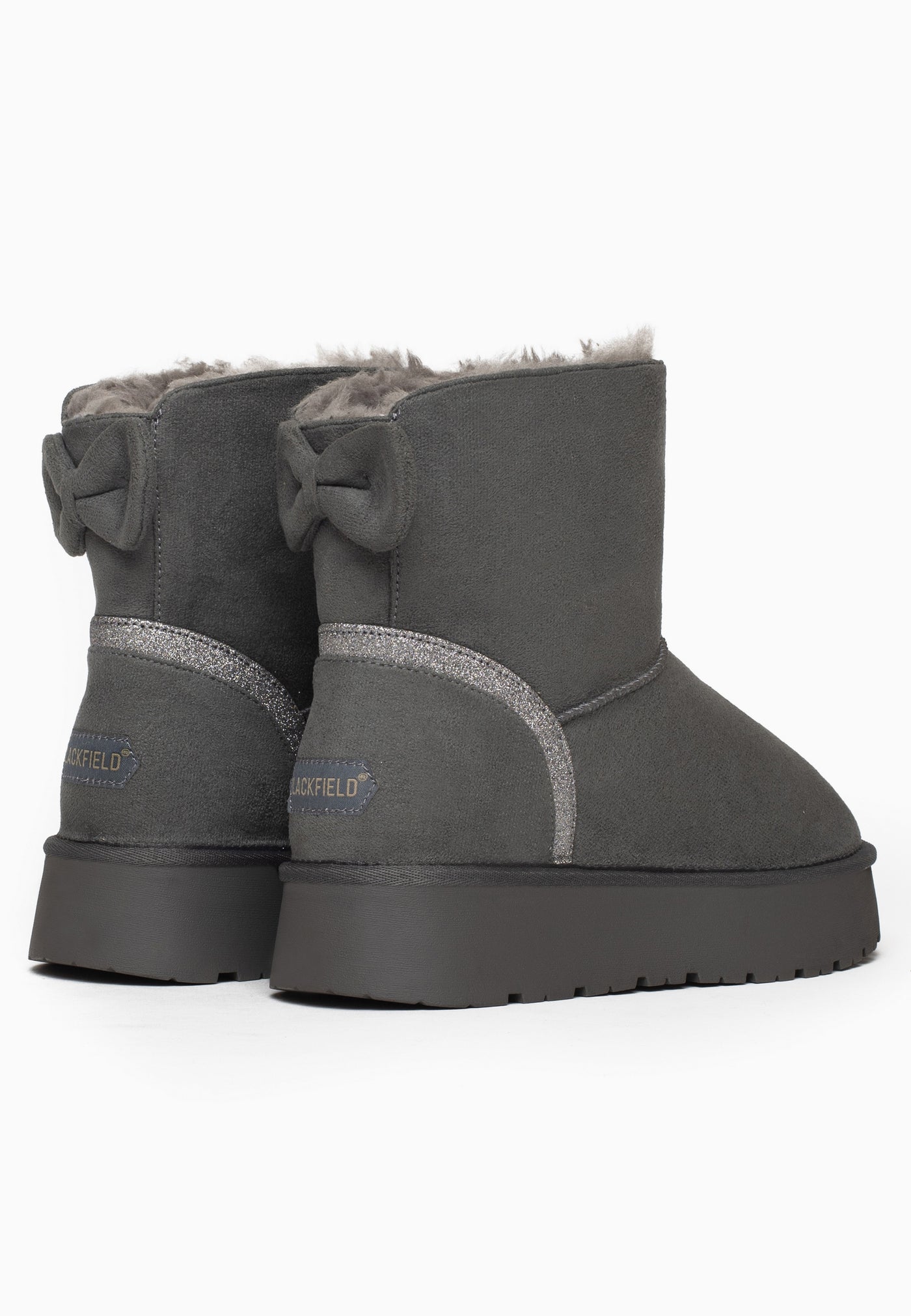 Paire de bottines fourrées Champlain anthracite vue de dos, deux noeuds de microfibre