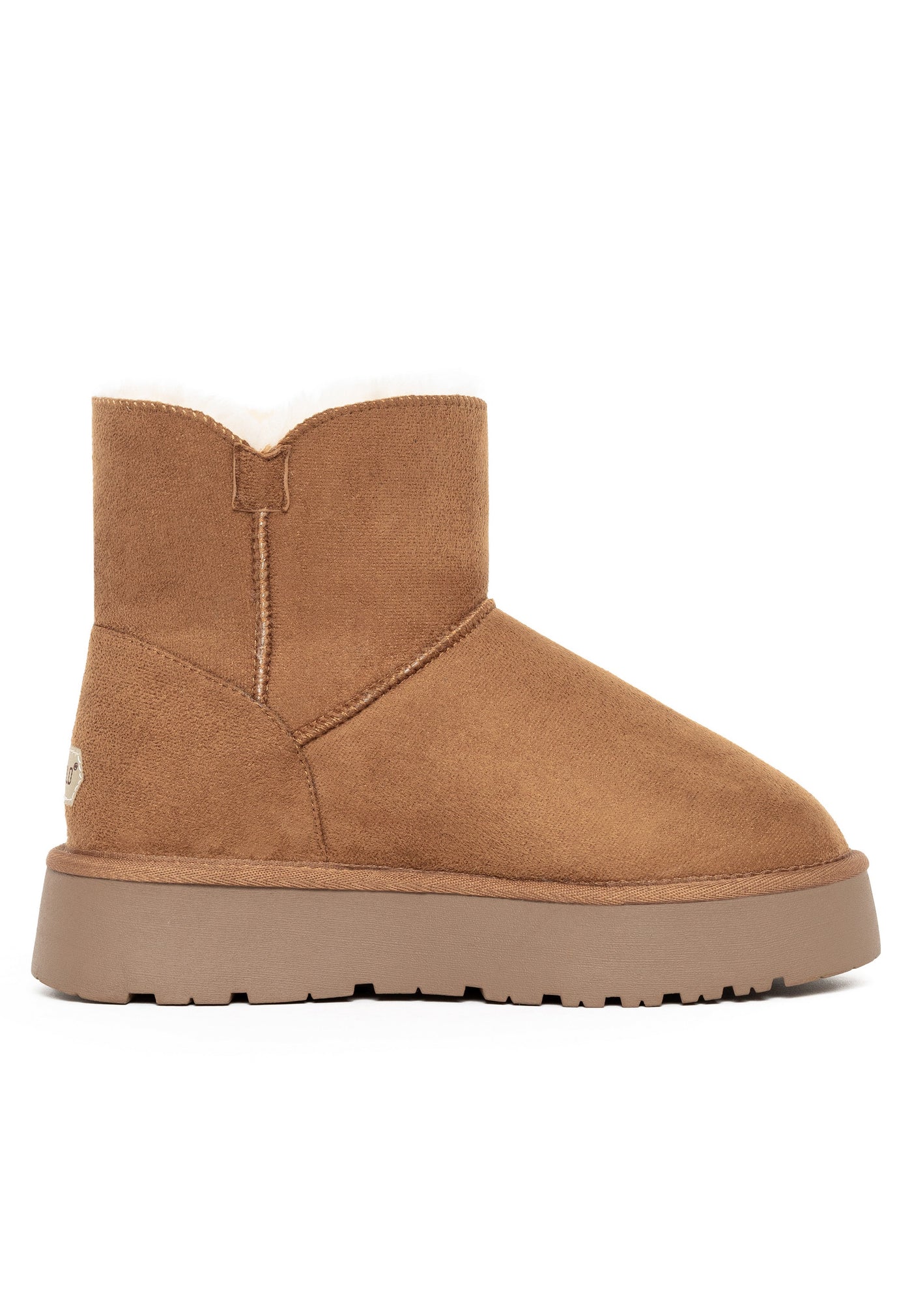 Bottine fourrée Clair camel de profil, quartier lisse et plateforme crantée taupe