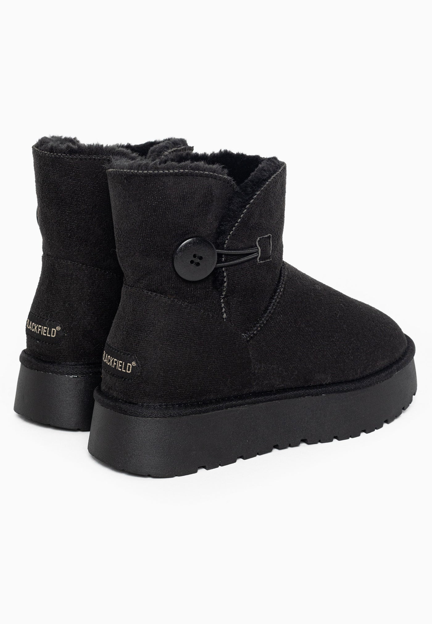 Paire de bottines fourrées Clair noires de dos, étiquettes dorées sur les talons