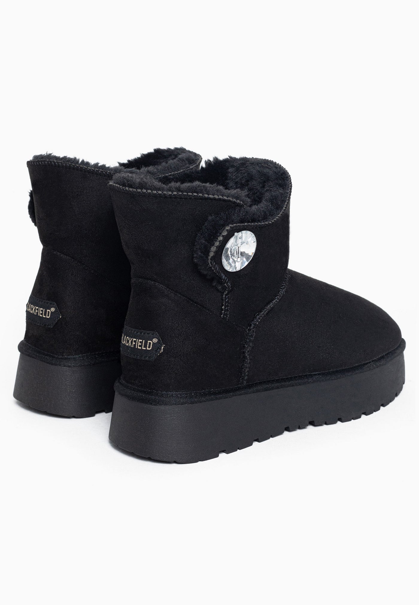 Paire de bottines fourrées Jana noires de dos, deux boutons en cristal facetté