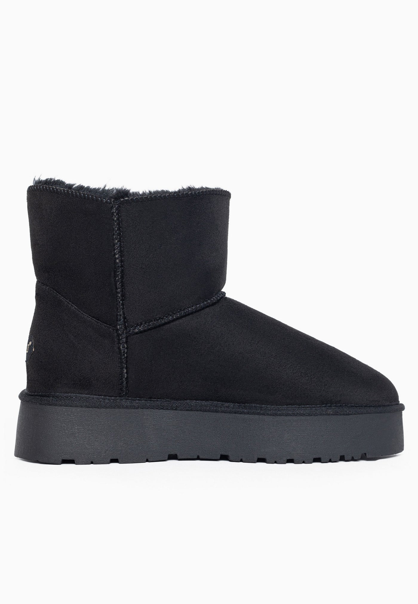 Bottine fourrée Jana noire de profil, couture verticale et plateforme noire
