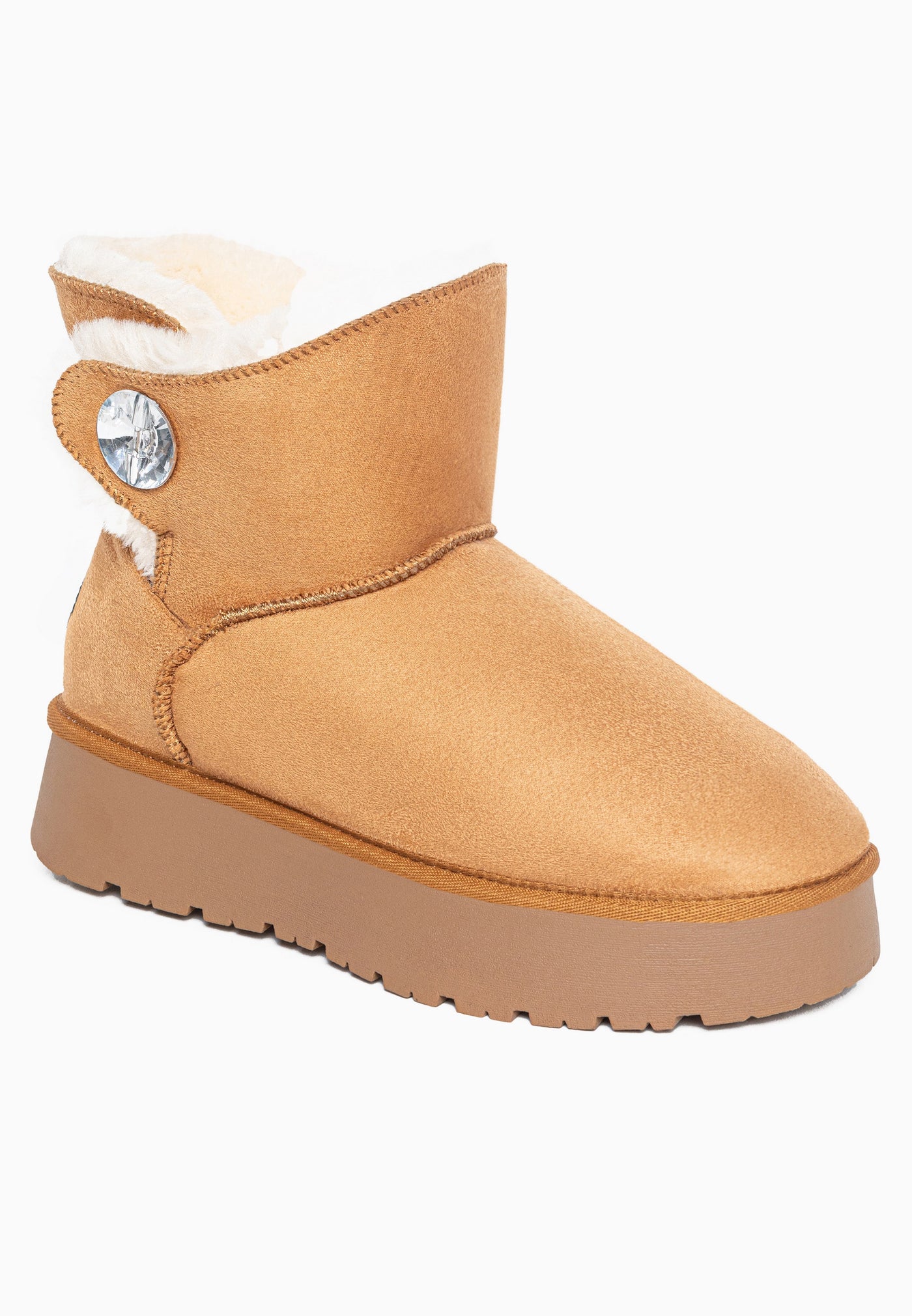 Bottine fourrée Jana camel de trois-quarts avant, patte à bouton et col ouvert