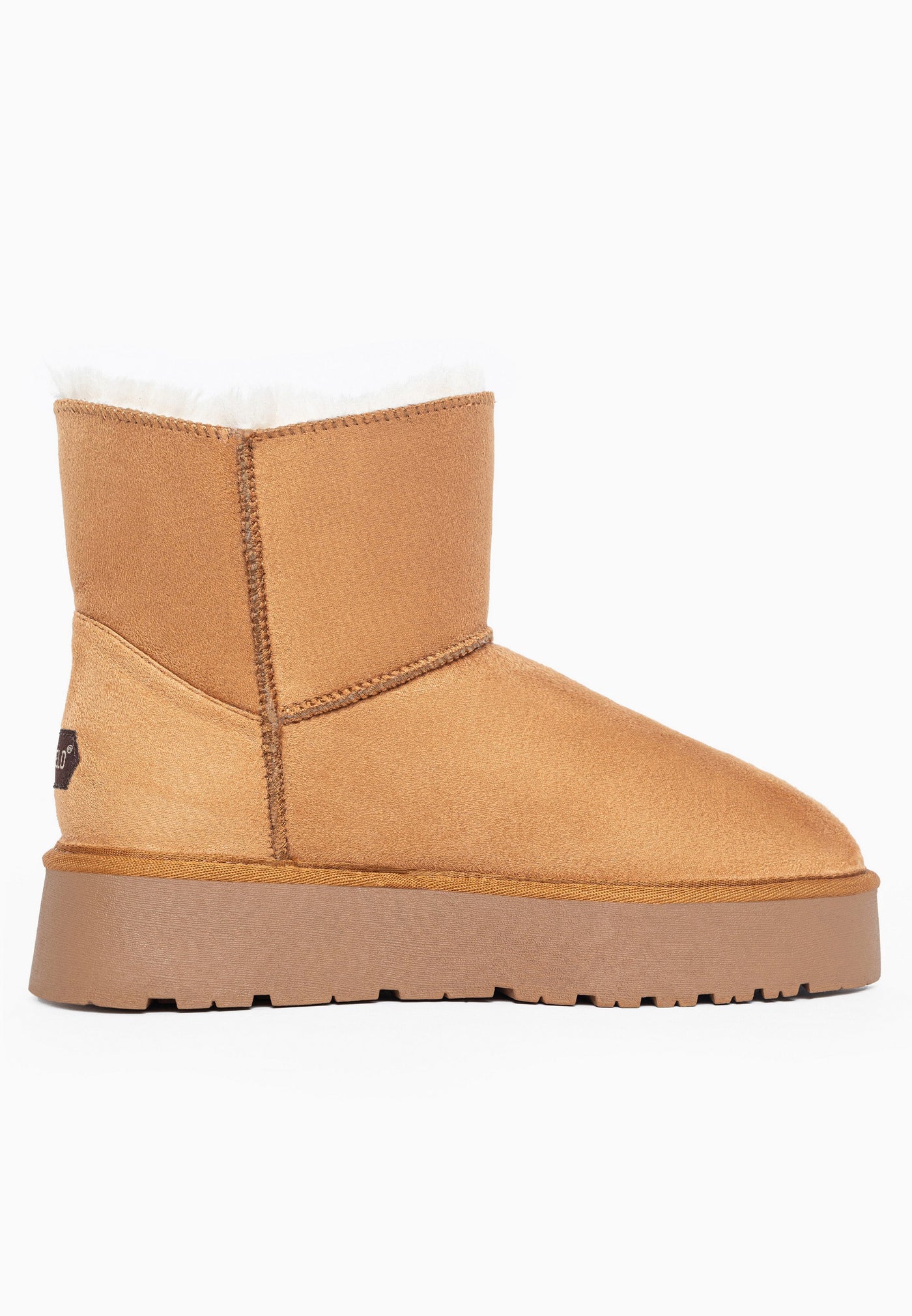 Bottine fourrée Jana camel de profil, tige lisse et plateforme crantée camel