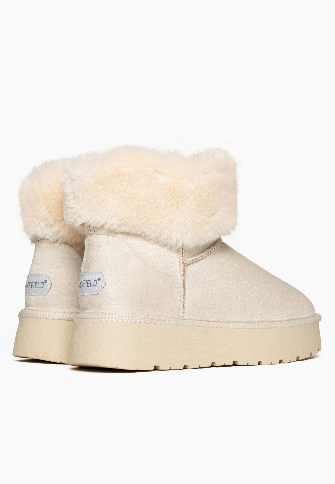 Paire de bottines fourrées Olivia blanc cassé vues de dos, cols de fausse fourrure crème