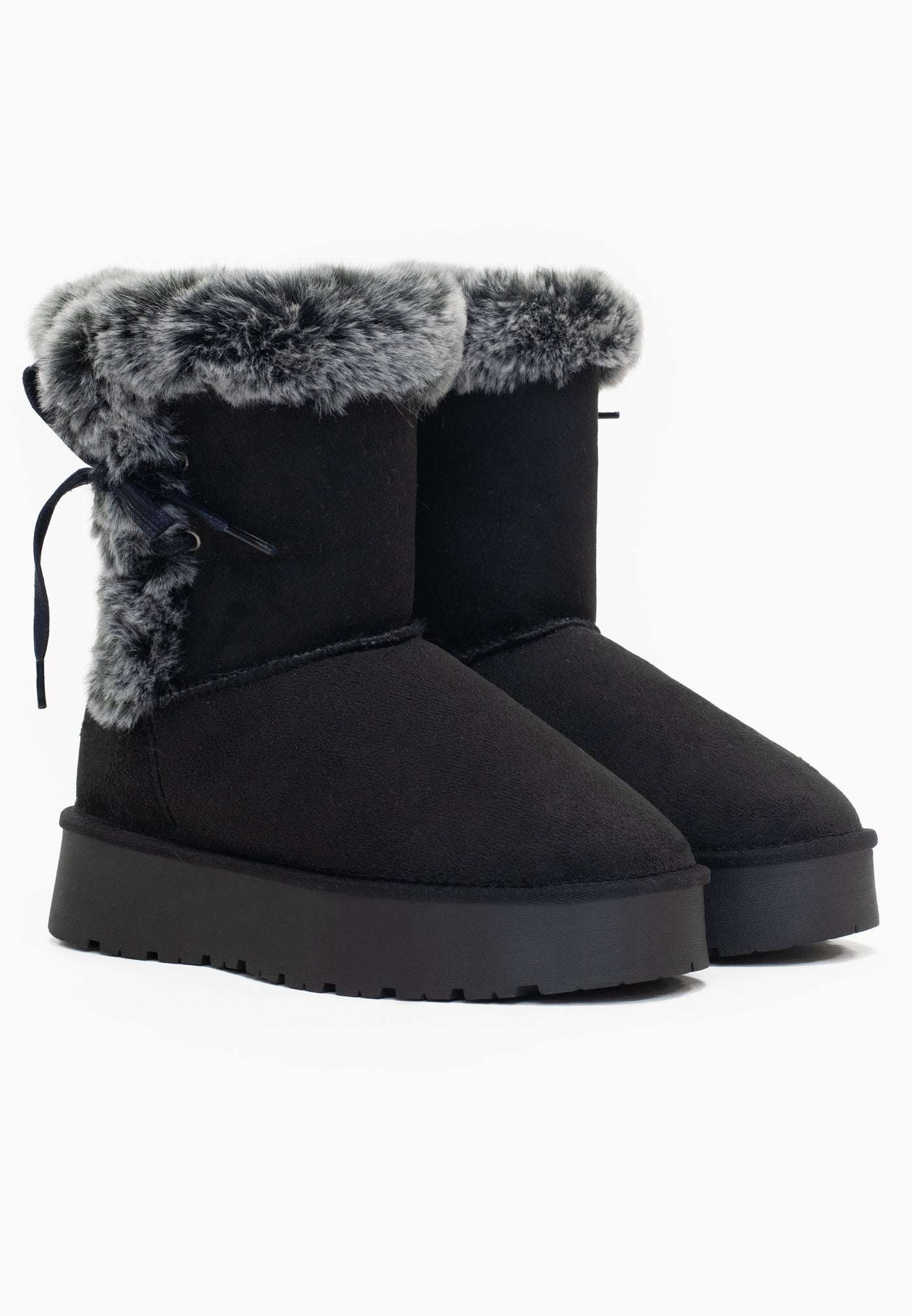 Duo de bottines fourrées Coma noires de trois-quarts, revers de fausse fourrure grise