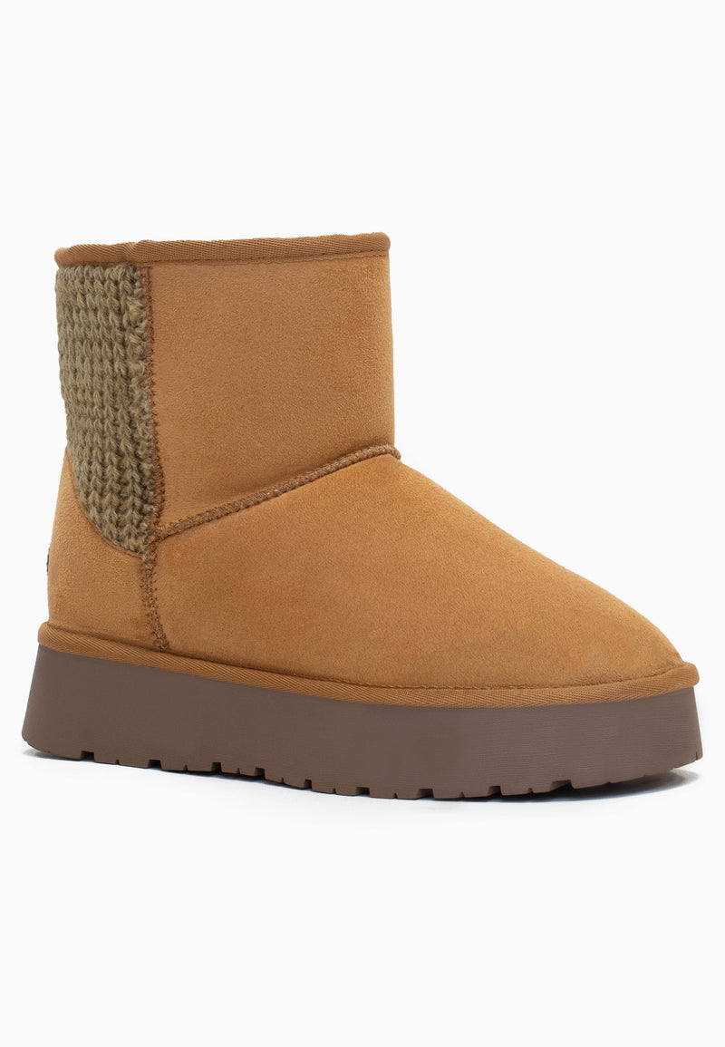 Bottine fourrée Davia camel de trois-quarts avant, maille kaki sur la tige