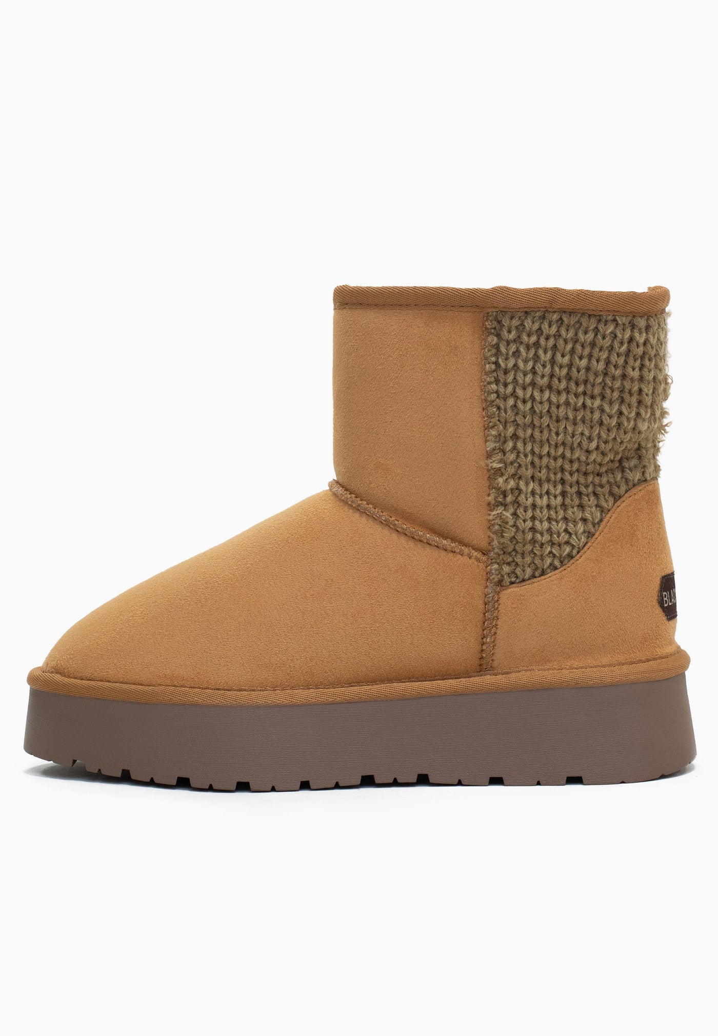 Bottine fourrée Davia camel de trois-quarts arrière, étiquette au talon