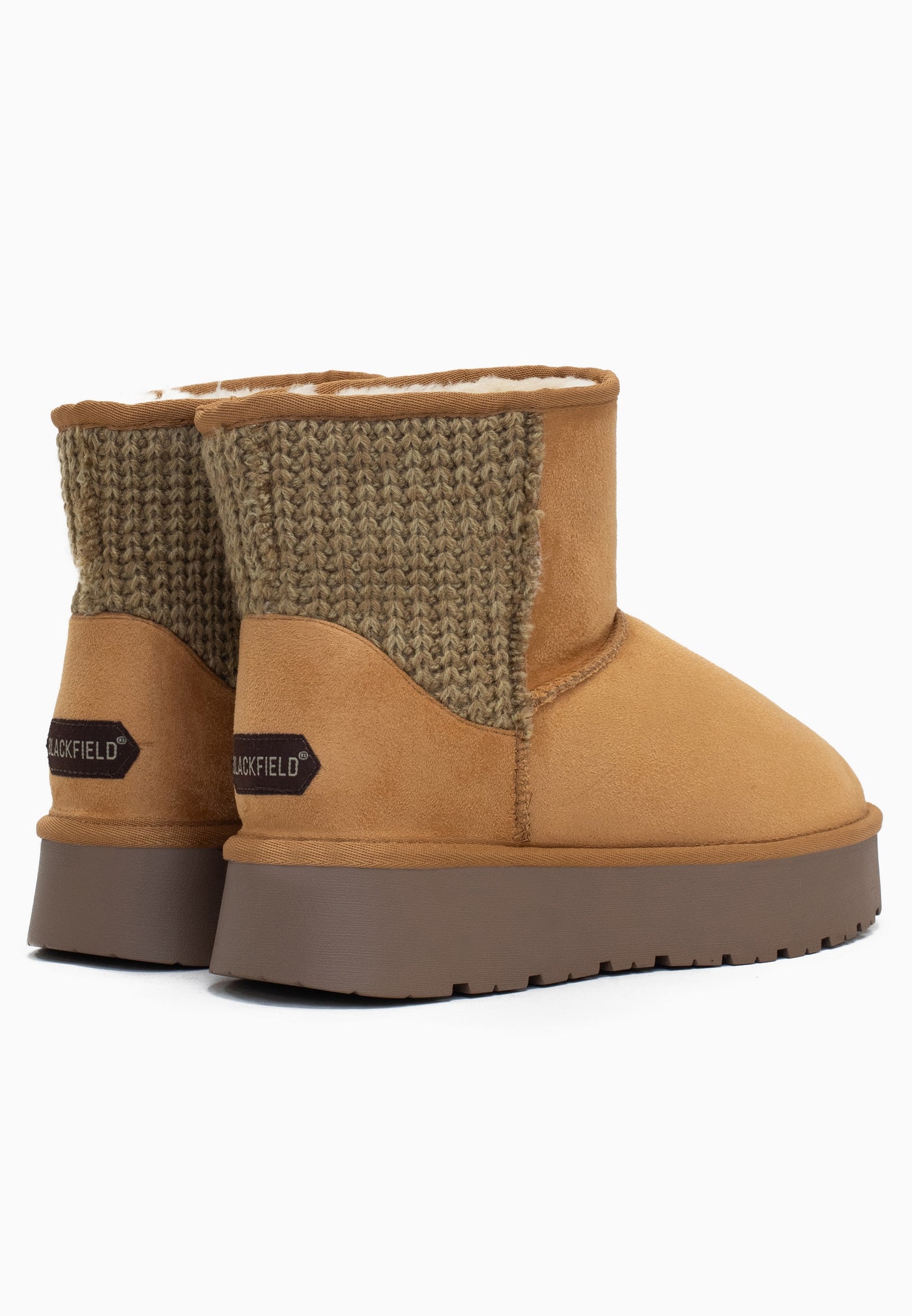 Paire de bottines fourrées Davia camel de dos, deux empiècements en maille