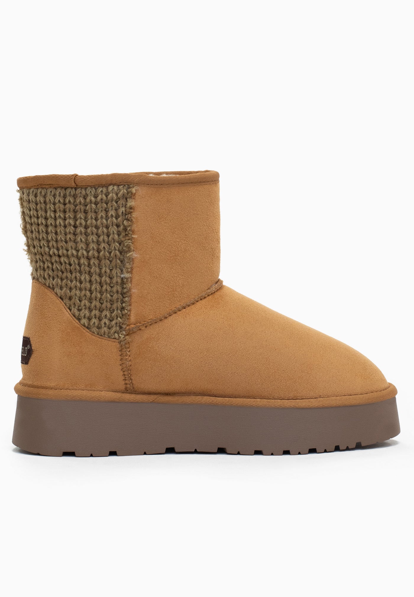 Bottine fourrée Davia camel de profil, maille tricotée et couture sur le côté