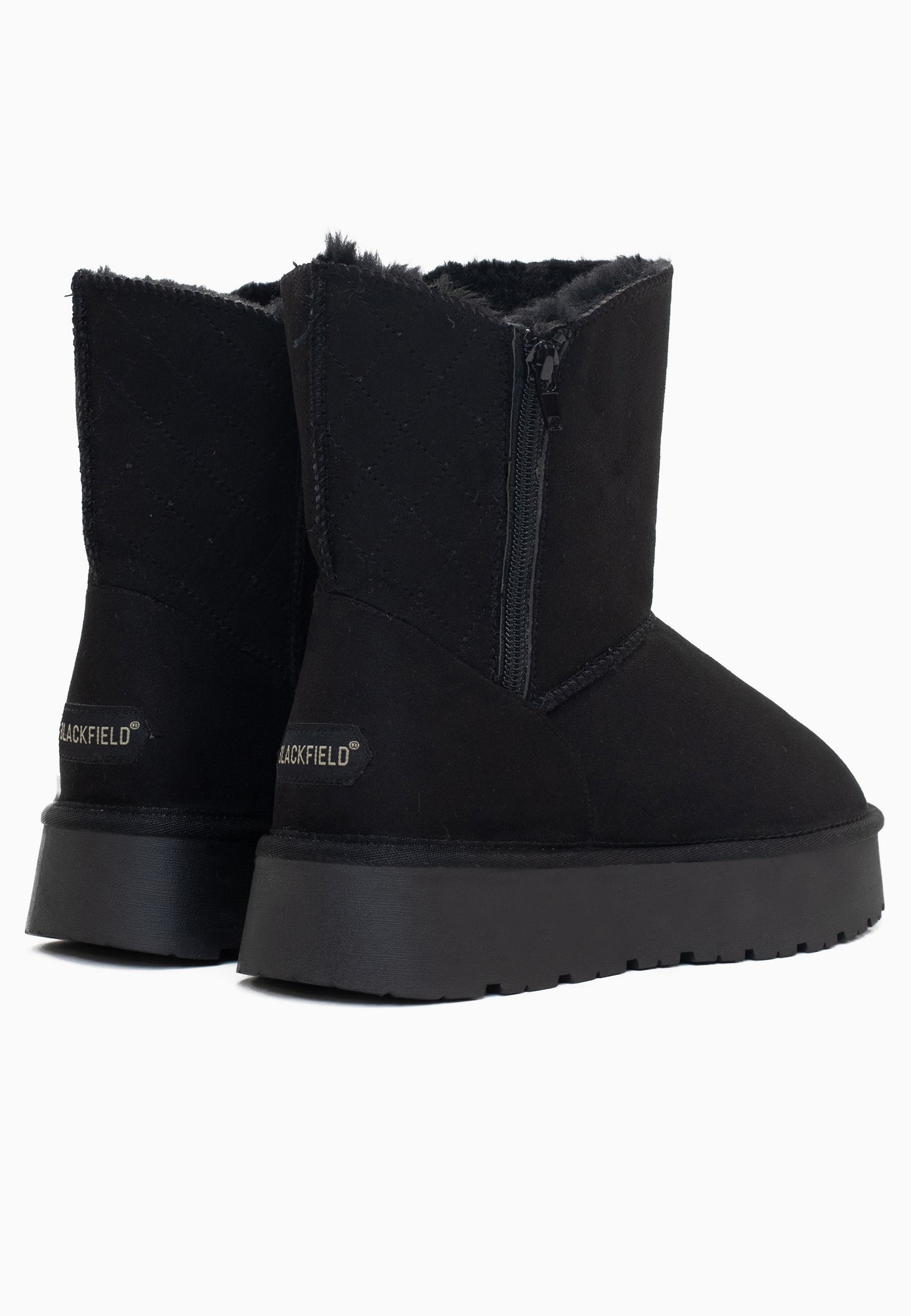 Bottines fourrées Lena noires de dos, marquage Blackfield clair sur chaque talon