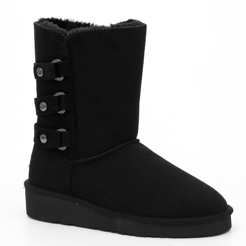 Botte fourrée Mi-mollet Gena noire de profil, pattes boutonnées et semelle noire mate