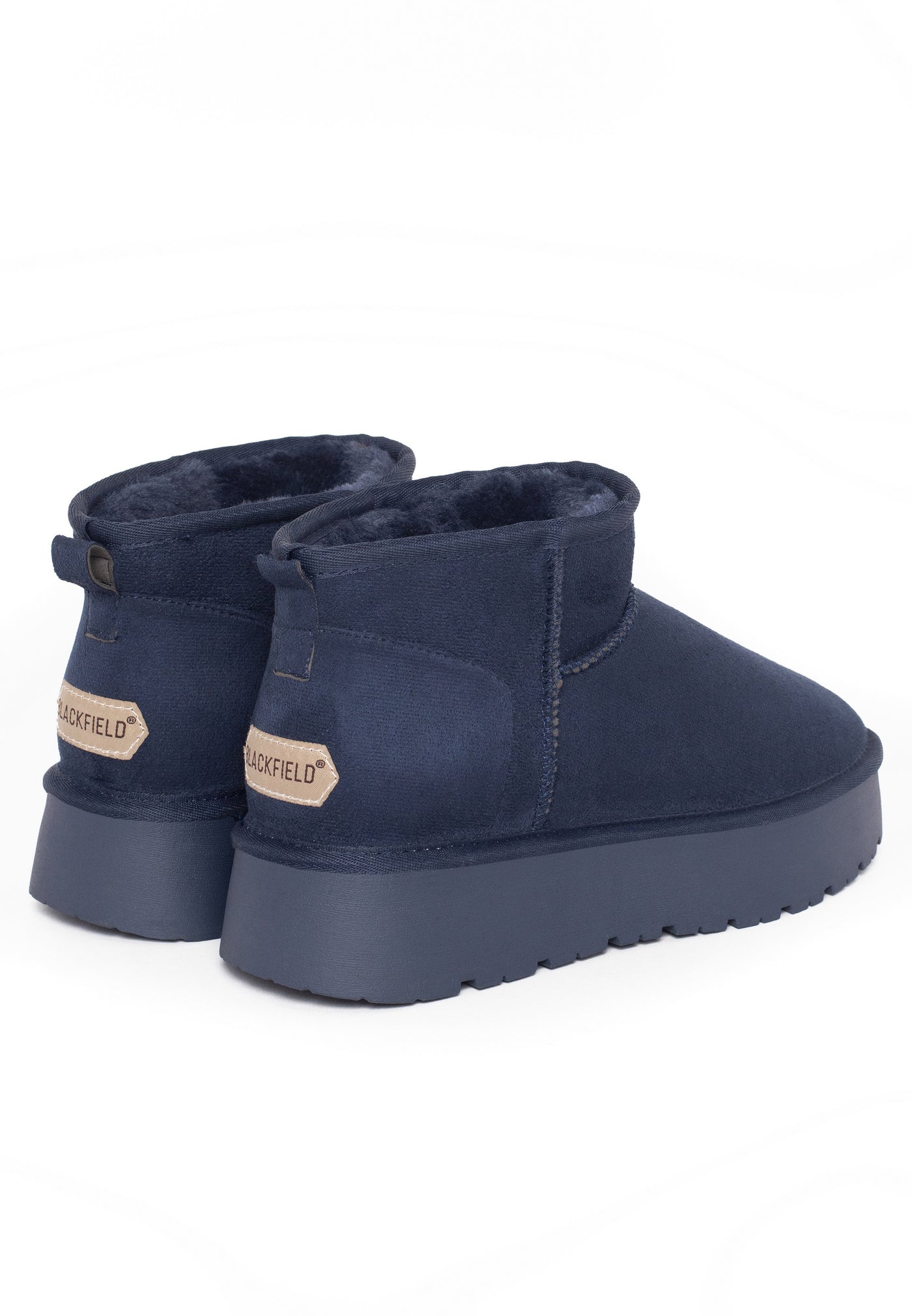 Paire de bottines fourrées Milli marine de dos, étiquettes beiges aux talons